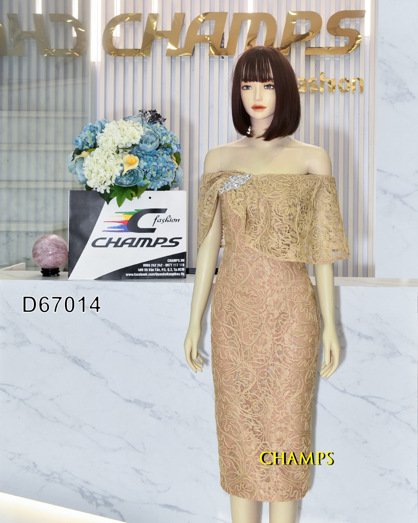 ĐẦM KEM VAI TRỄ REN NỔI ĐÁ 67014