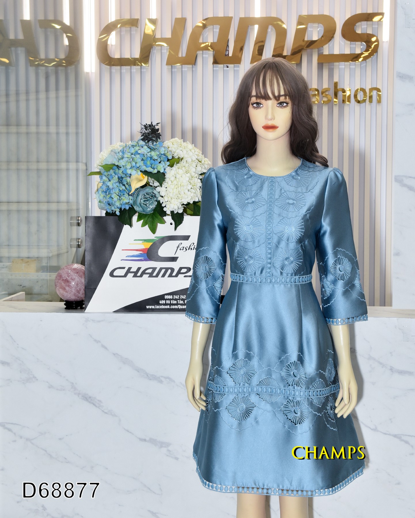ĐẦM GẤM XANH HOA VĂN 68877