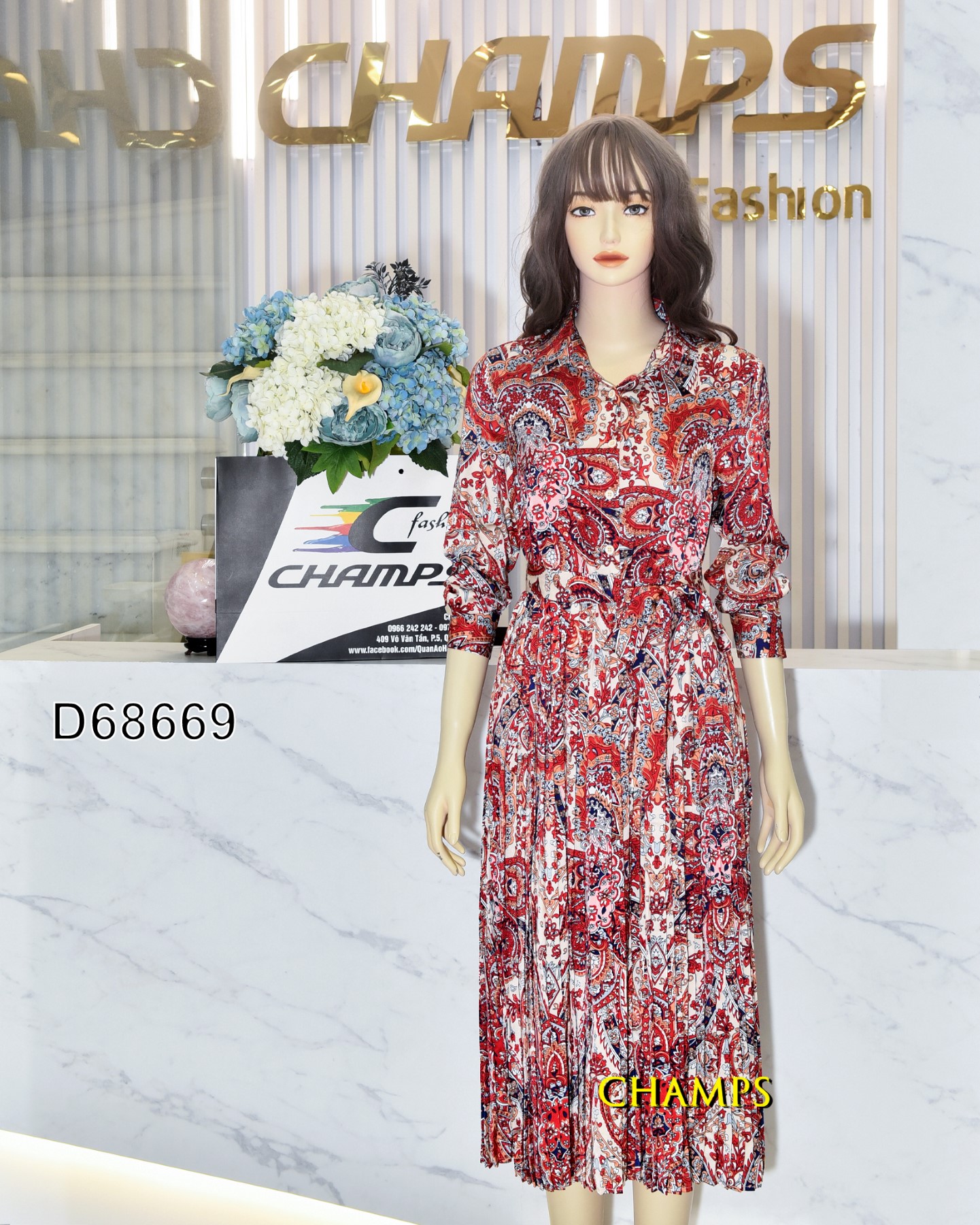 ĐẦM LỤA SƠ MI ĐỎ ĐÔ HOA VĂN XẾP LY +DN 68669