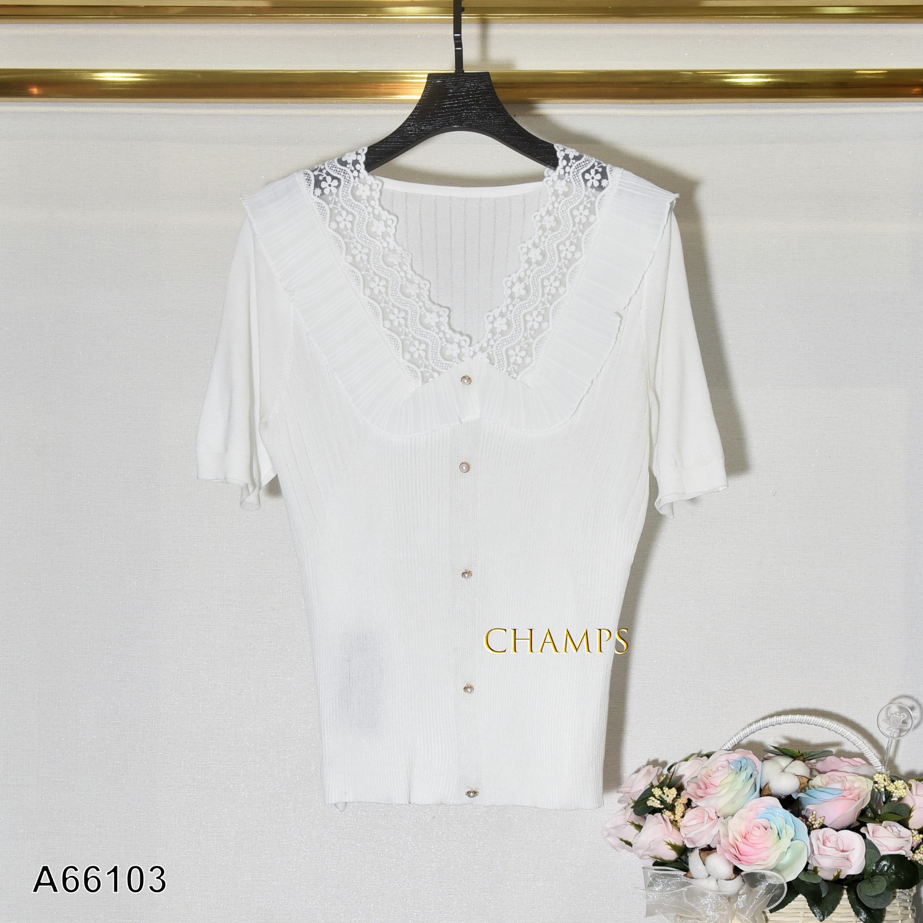 ÁO LEN TRẮNG CỔ BÈO REN 66103