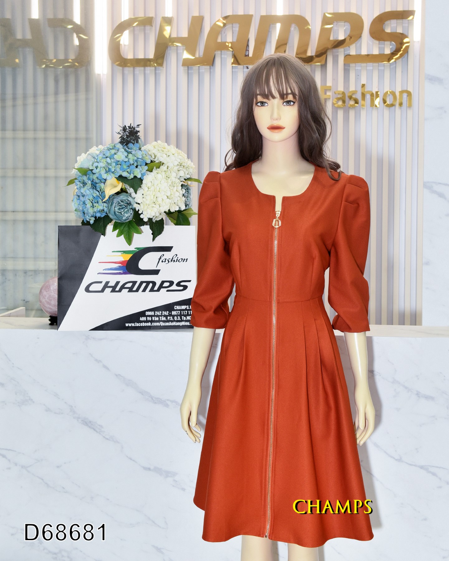 ĐẦM CAM TAY DÀI KHÓA KÉO 68681