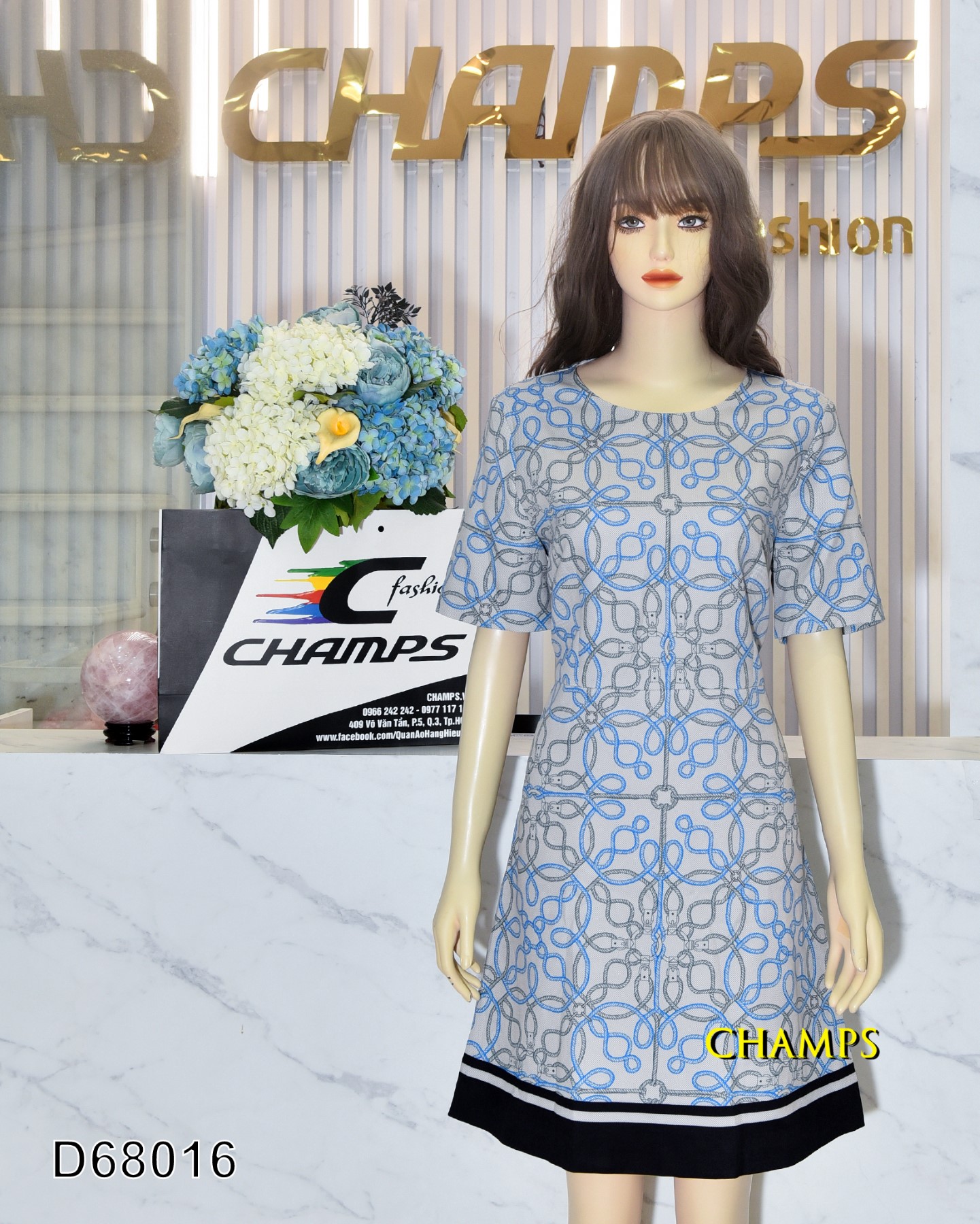 ĐẦM SUÔN XÁM HOA VĂN XANH 68016