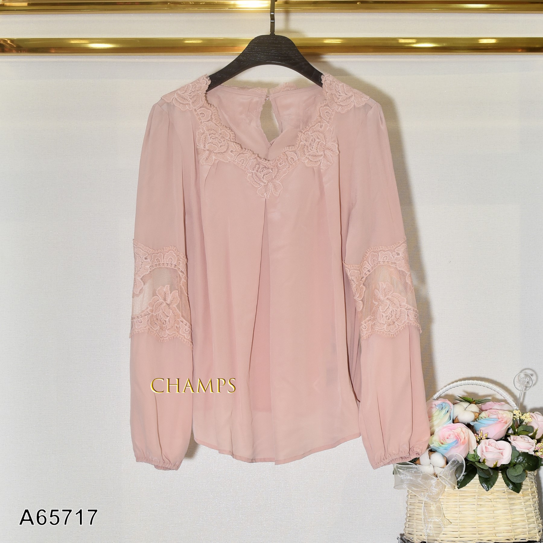 ÁO LỤA HỒNG REN TAY DÀI 65717