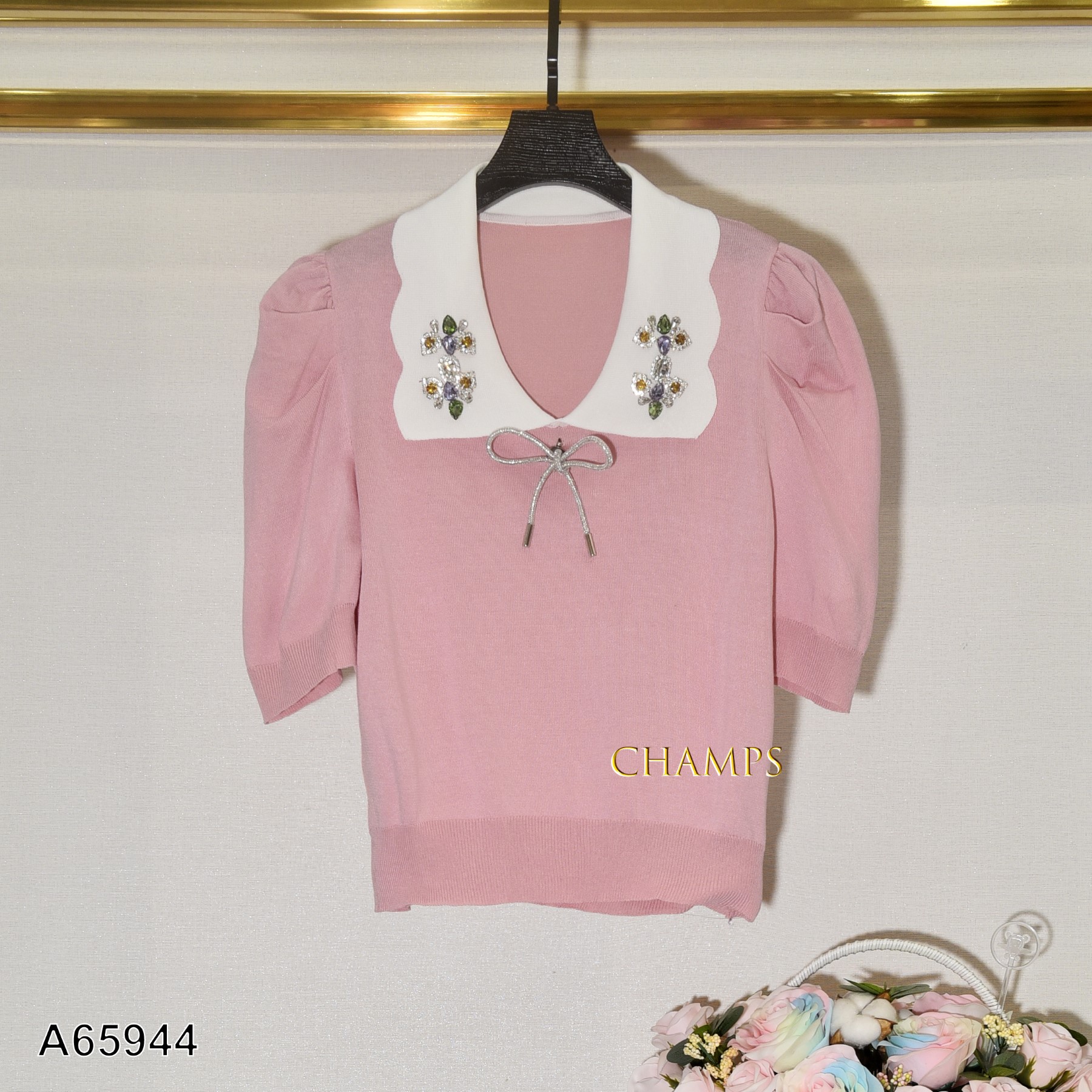 ÁO LEN HỒNG CỔ HẠT ĐÁ 65944