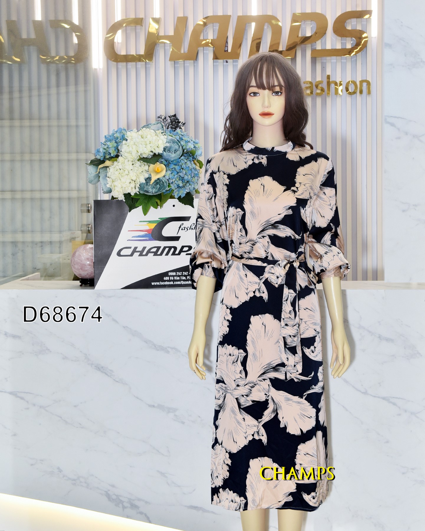 ĐẦM LỤA SUÔN XANH ĐEN HOA KEM +DN 68674