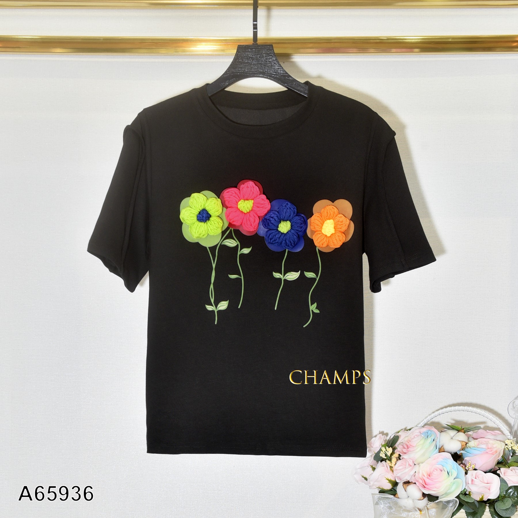 ÁO THUN XỐP ĐEN HOA NỔI 65936