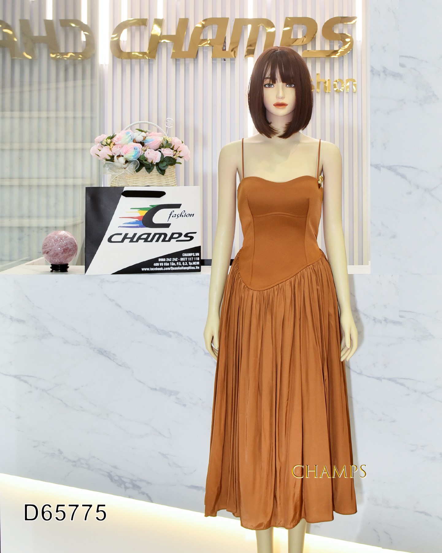 ĐẦM NÂU 2 DÂY MẢNH KHOEN VÀNG 65775