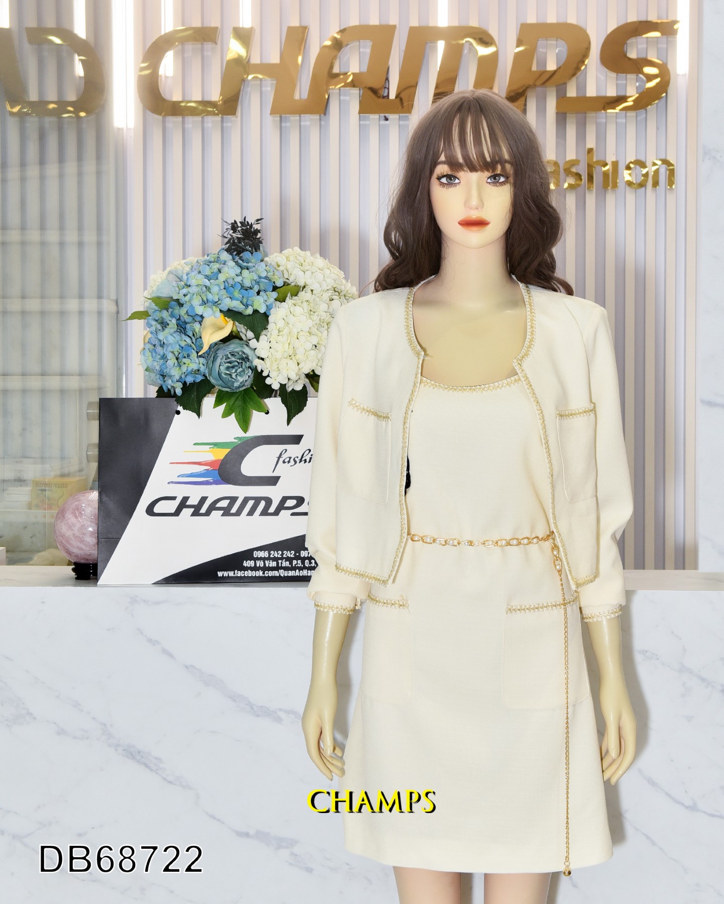 BỘ ĐẦM KEM CHANEL +ÁO KHOÁC 68722