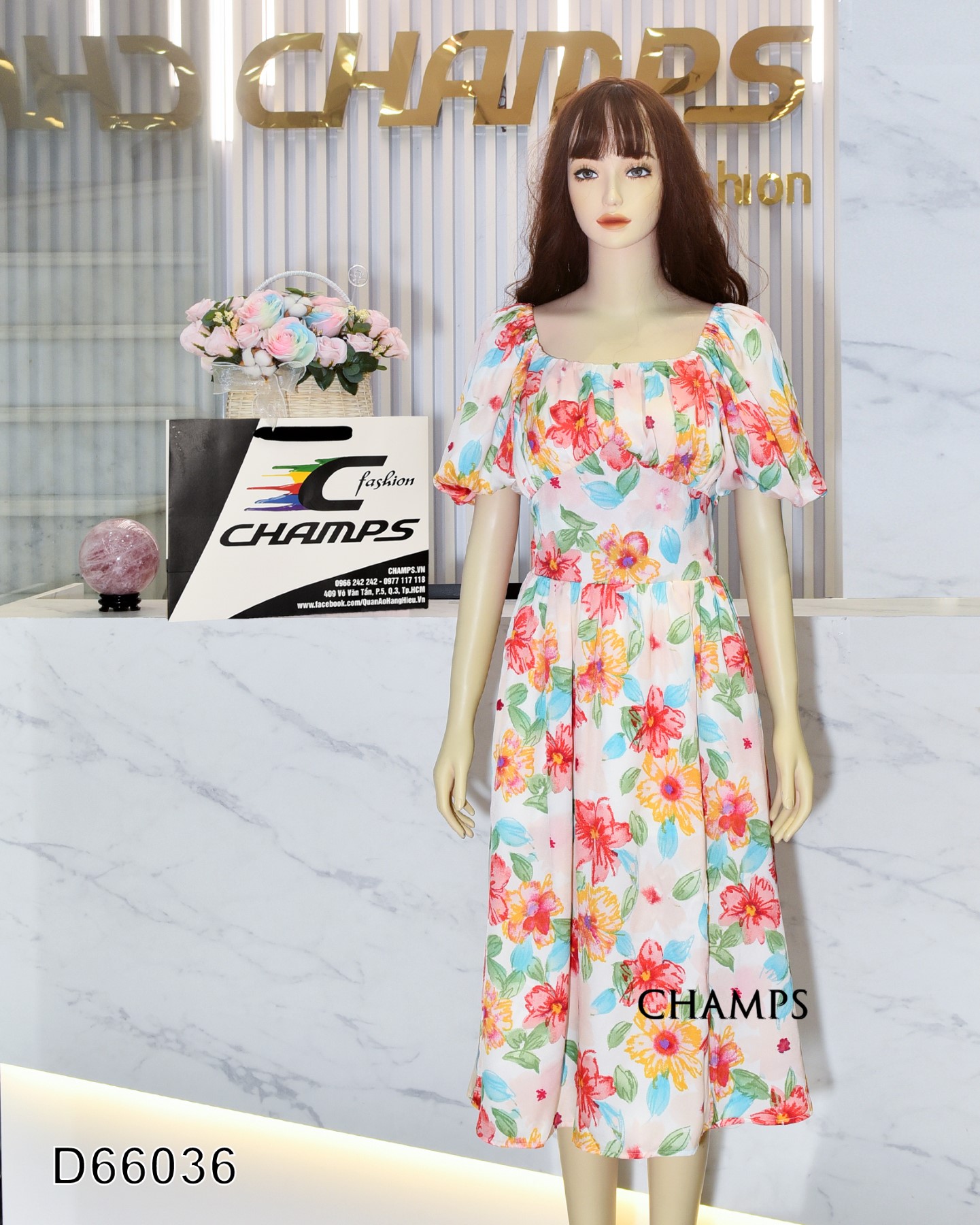 ĐẦM LỤA KEM HOA VẼ 66036