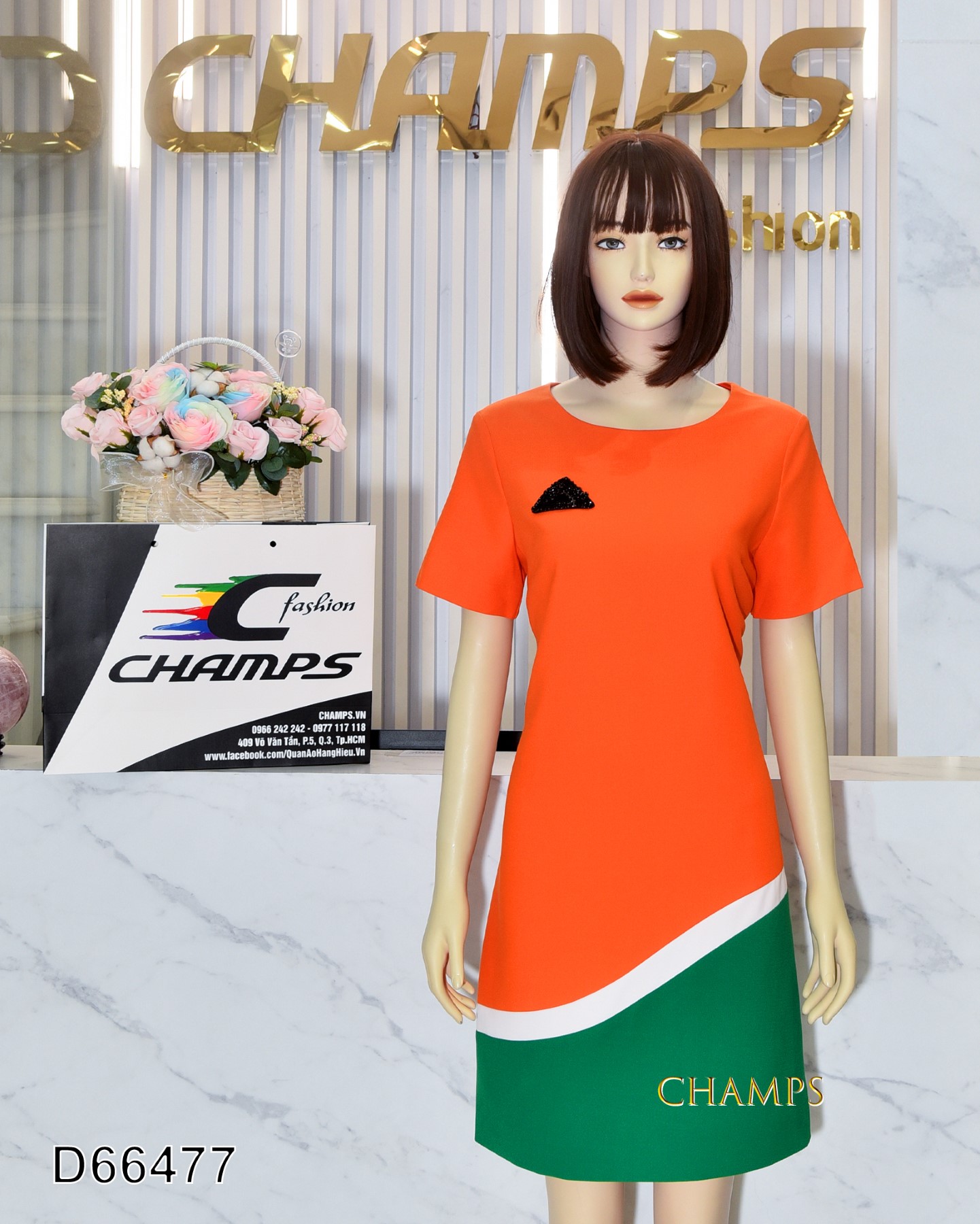 ĐẦM SUÔN CAM PHA MÀU PRADA 66477