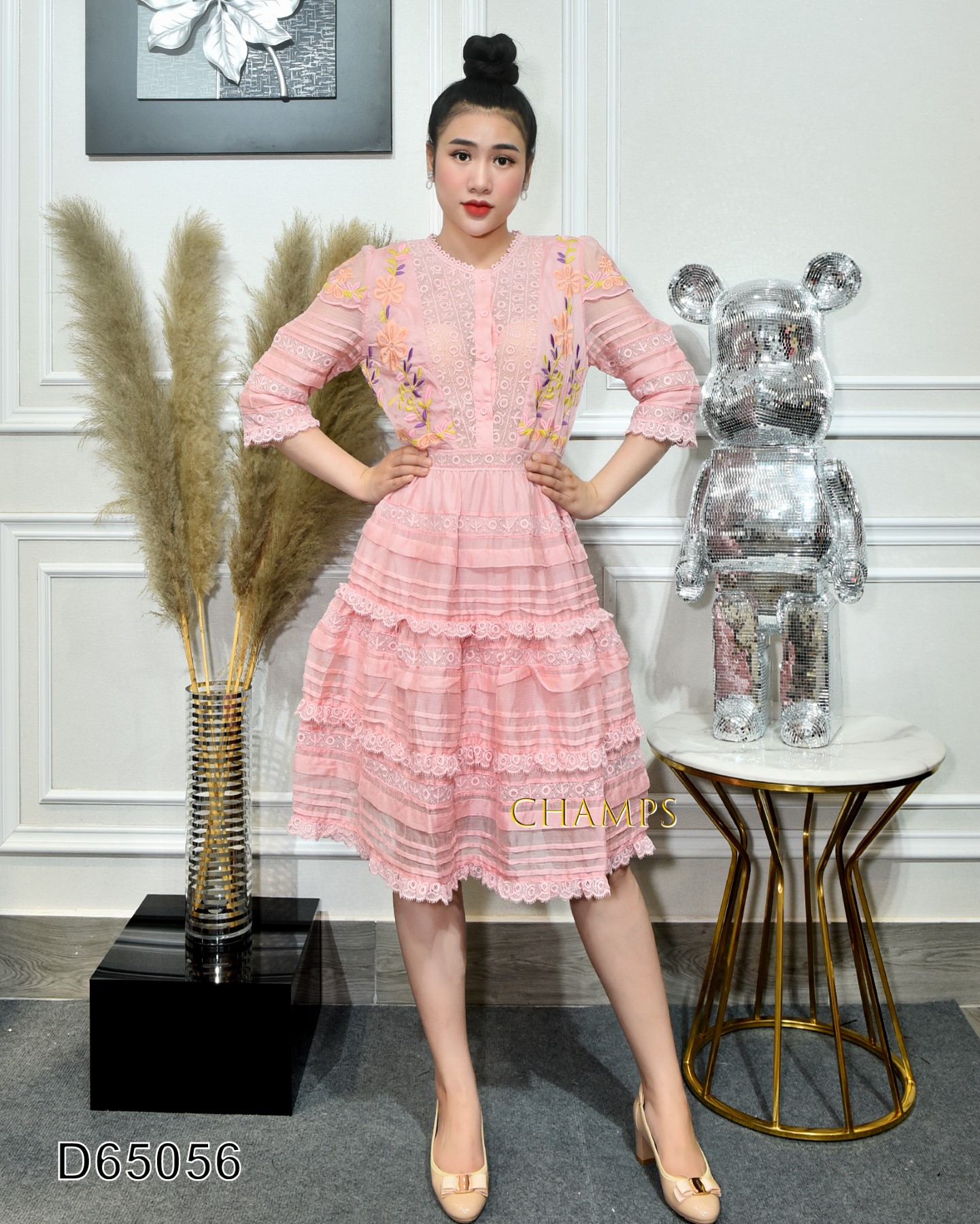 ĐẦM LỤA HỒNG THÊU 65056