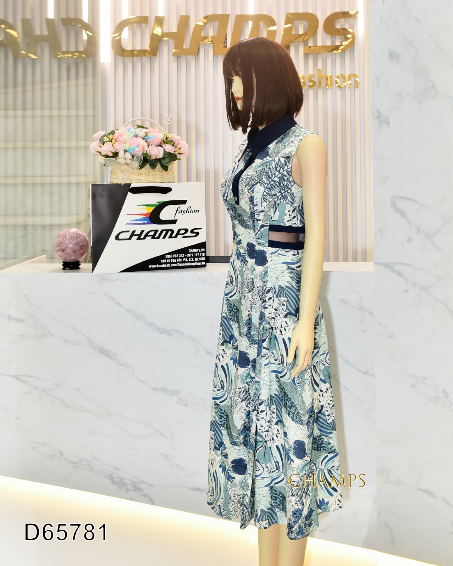 ĐẦM HOA VĂN XANH 65781