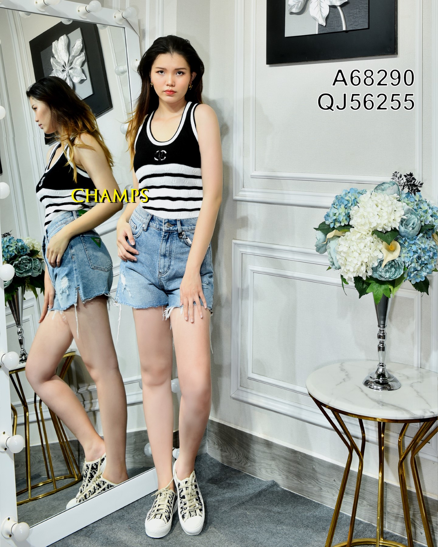 ÁO LEN SÁT NÁCH CHANEL KẺ ĐEN 68290