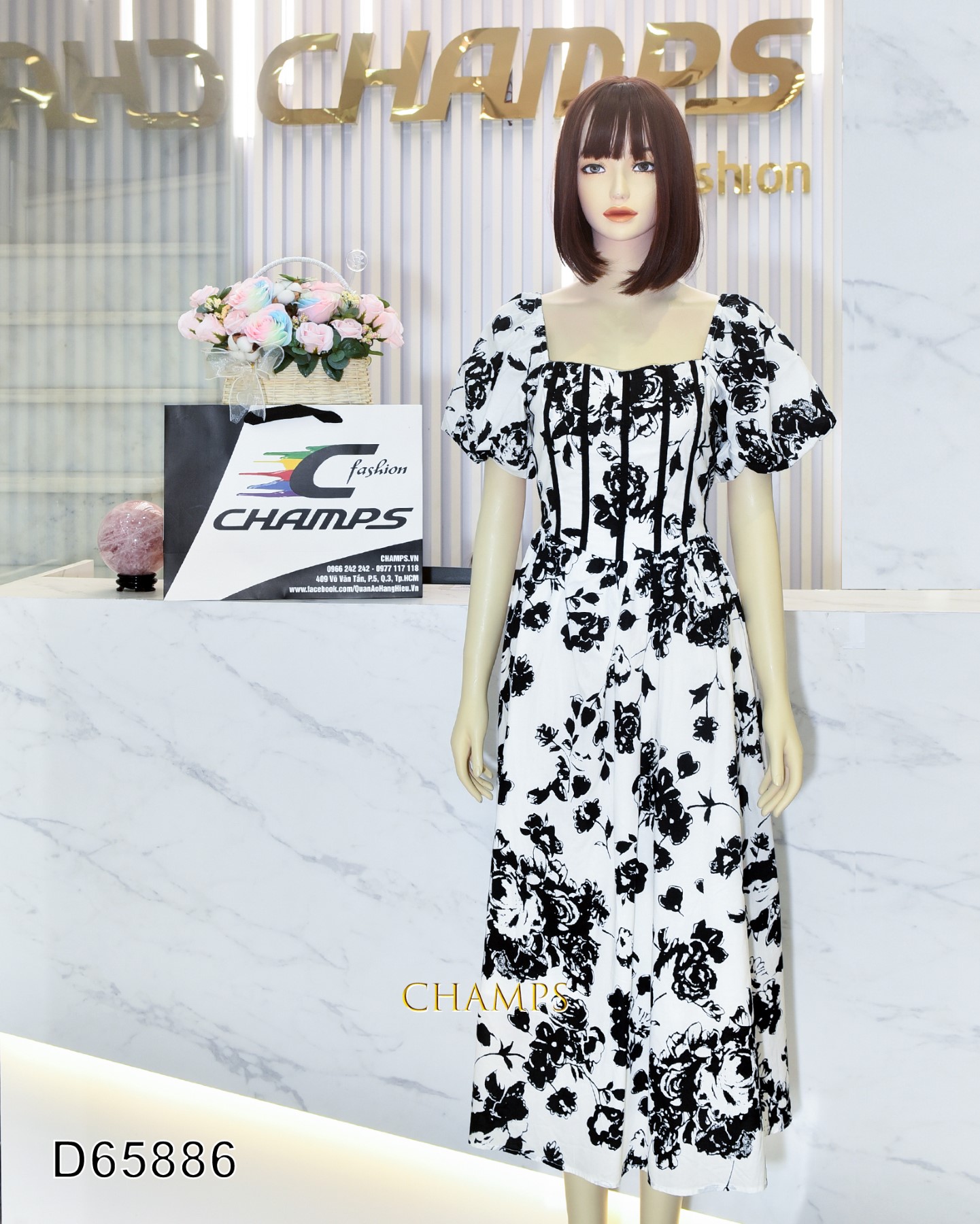 ĐẦM XÔ TRẮNG HOA ĐEN DÀI 65886