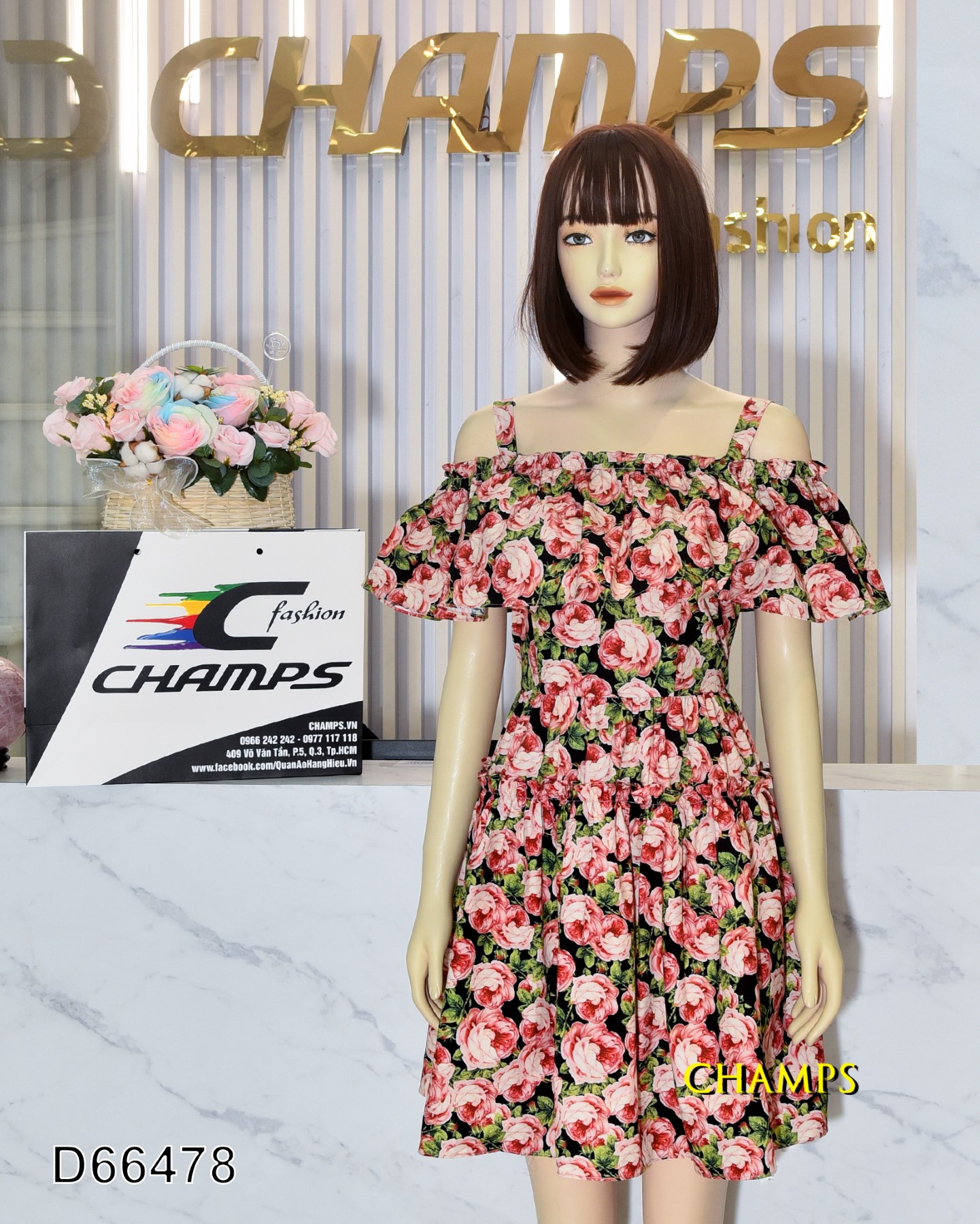 ĐẦM XÔ HOA HỒNG VAI TRỄ 66478