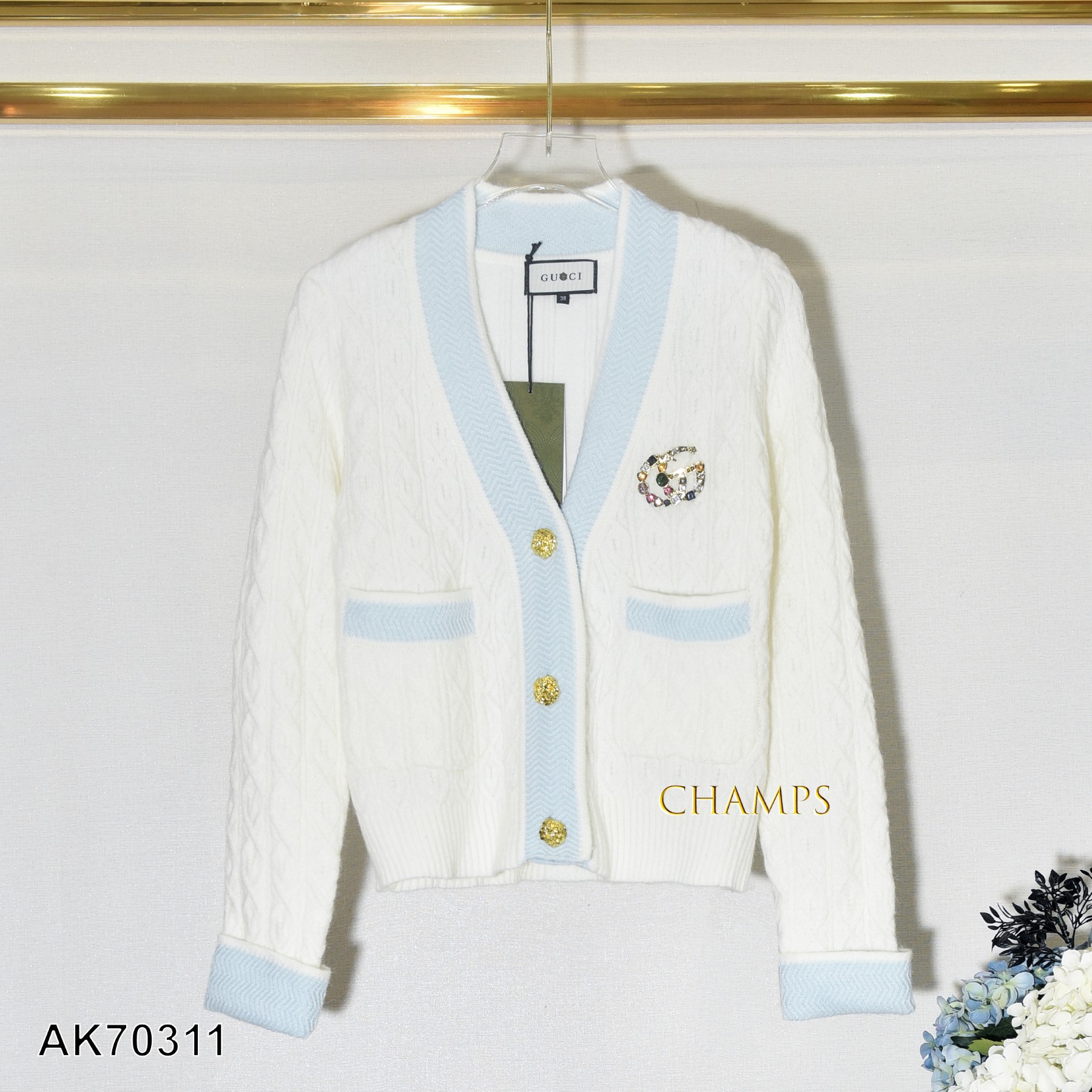ÁO KHOÁC LEN GUCCI TRẮNG VIỀN XANH 70311