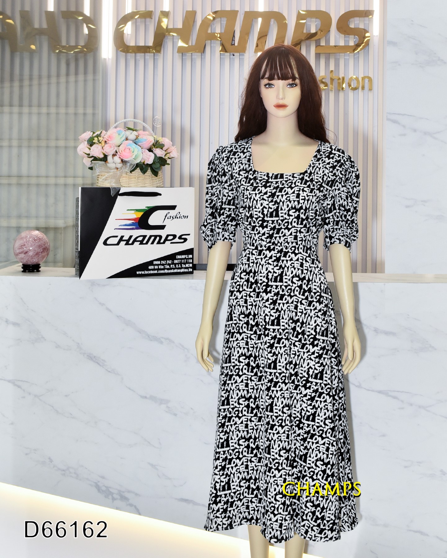 ĐẦM LỤA ĐEN TRẮNG CHỮ DÀI 66162