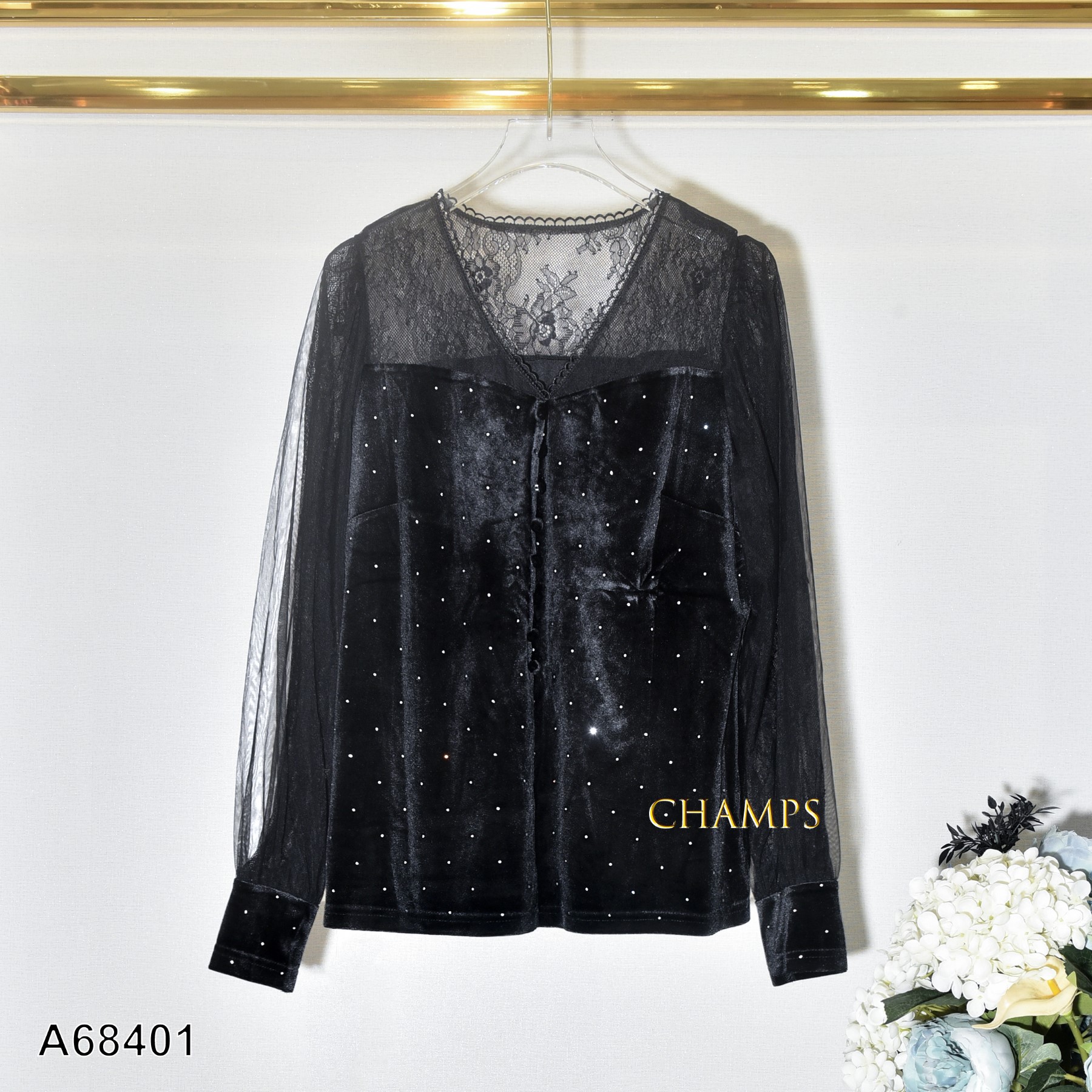 ÁO NHUNG ĐEN TAY LƯỚI 68401