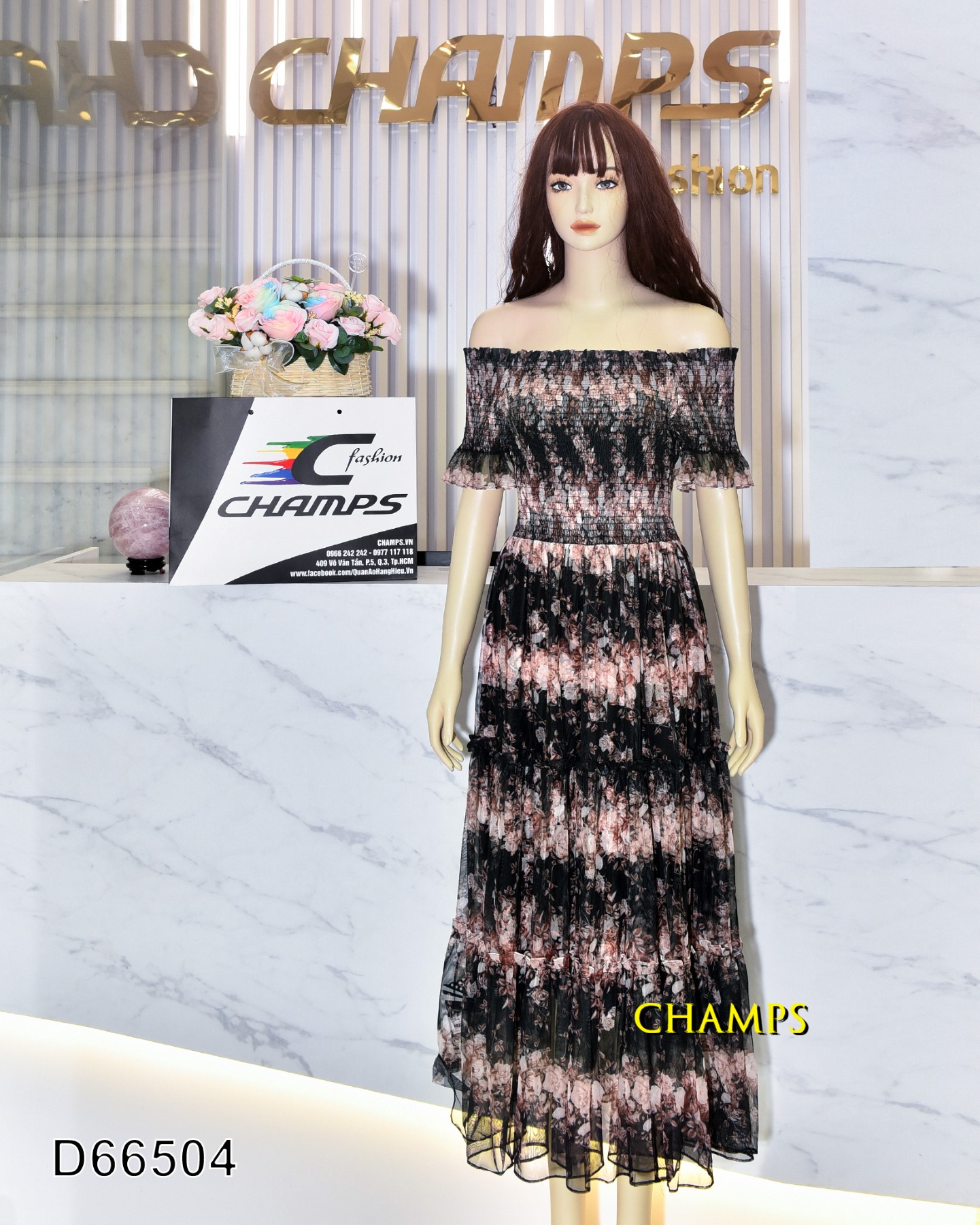 ĐẦM VAI TRỄ ĐEN HOA DÀI 66504