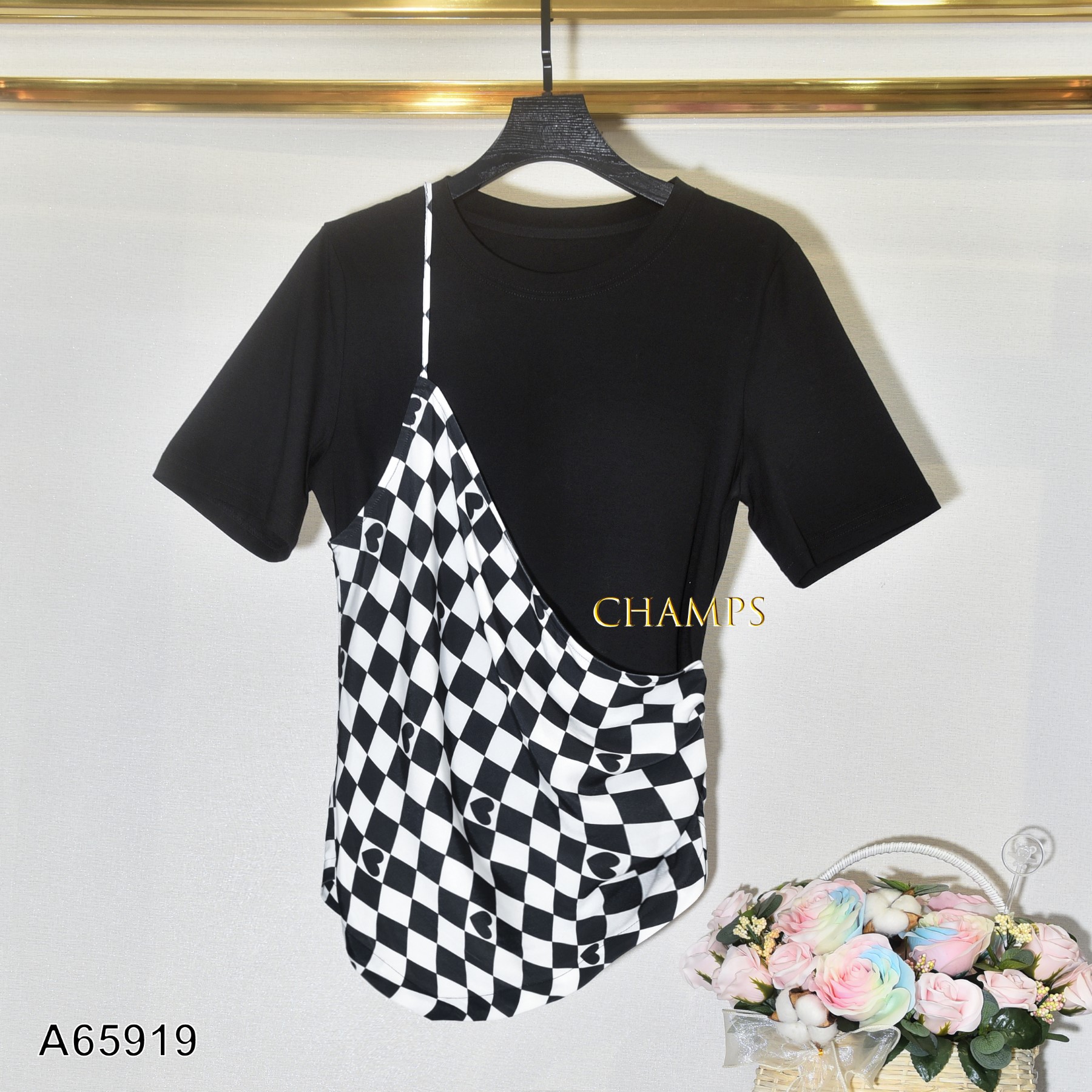 ÁO THUN ĐEN PHỐI Ô LỤA 65919