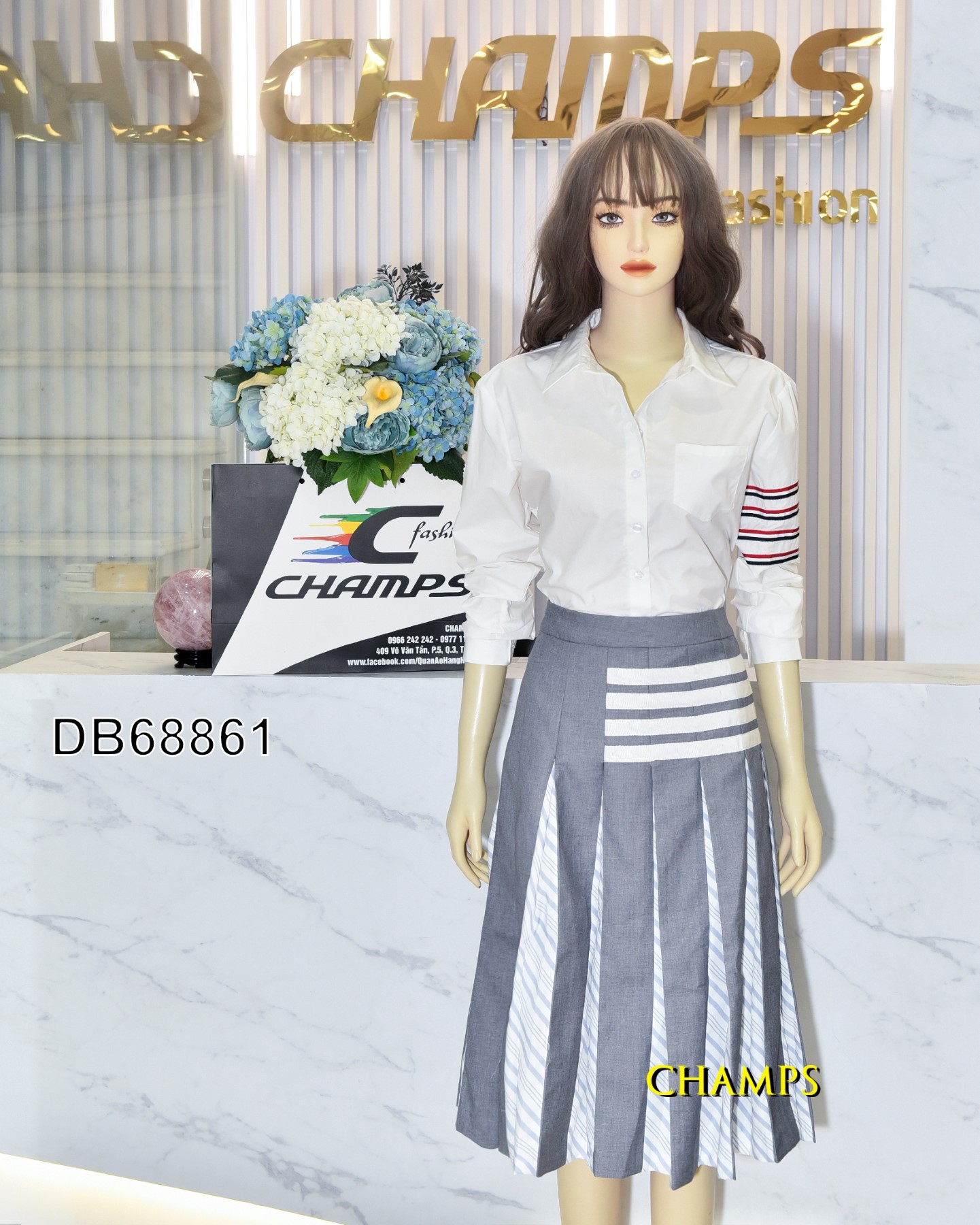 BỘ ÁO SO MI TRẮNG +CV XÁM DÀI PHỐI 68861