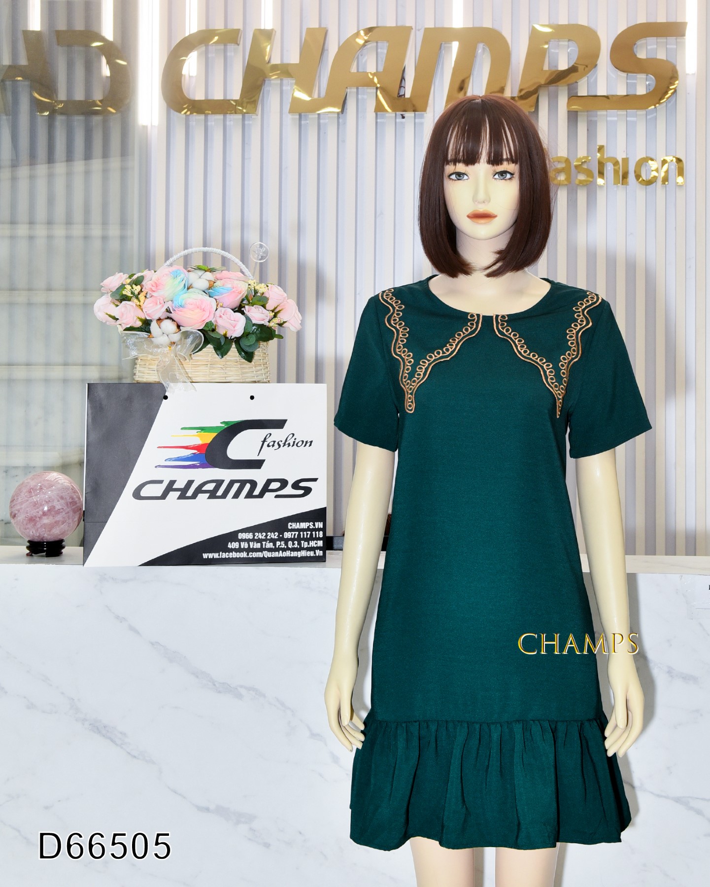 ĐẦM LỤA XANH SUÔN CỔ SEN THÊU 66505