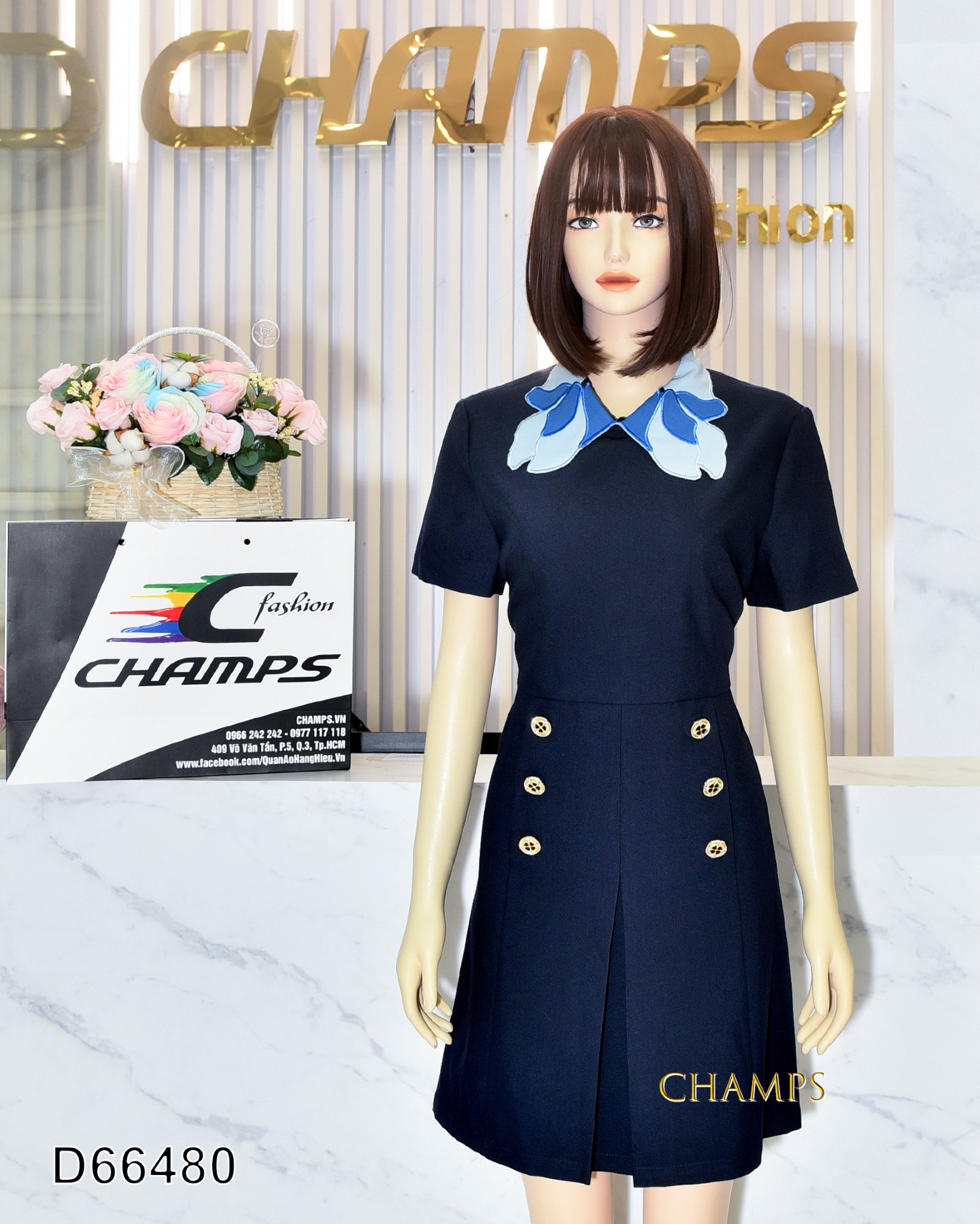 ĐẦM XANH ĐEN CỔ HOA VĂN 66480