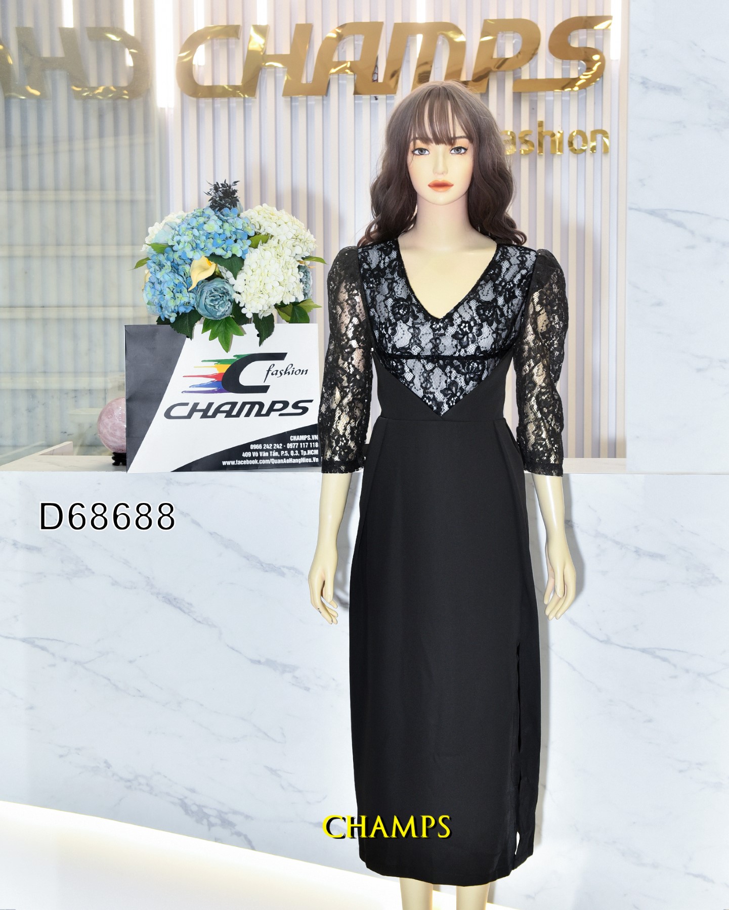 ĐẦM TIỆC ĐEN PHỐI REN DÀI 68688