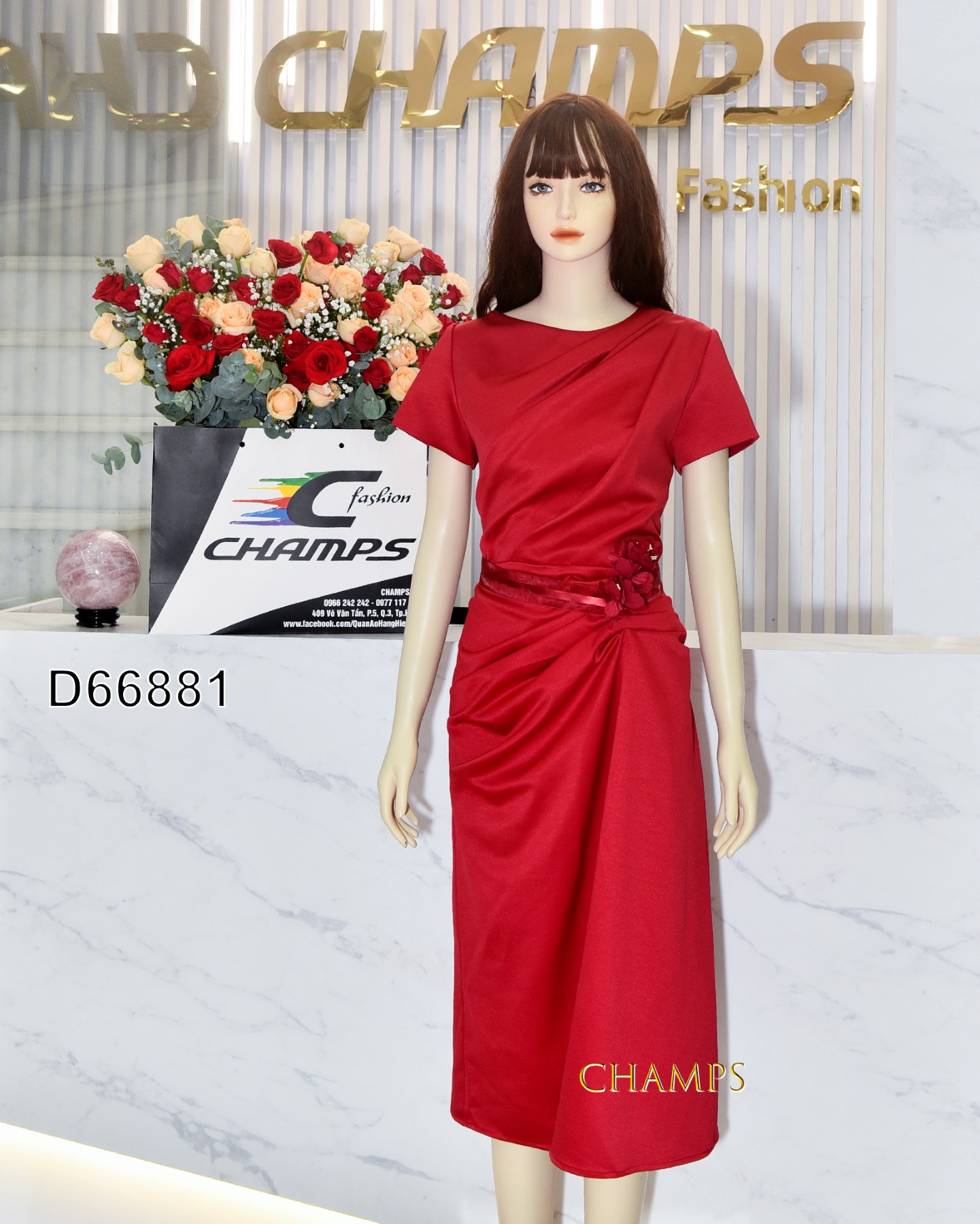 ĐẦM ĐỎ HOA NHÚNG +CÀI HOA 66881