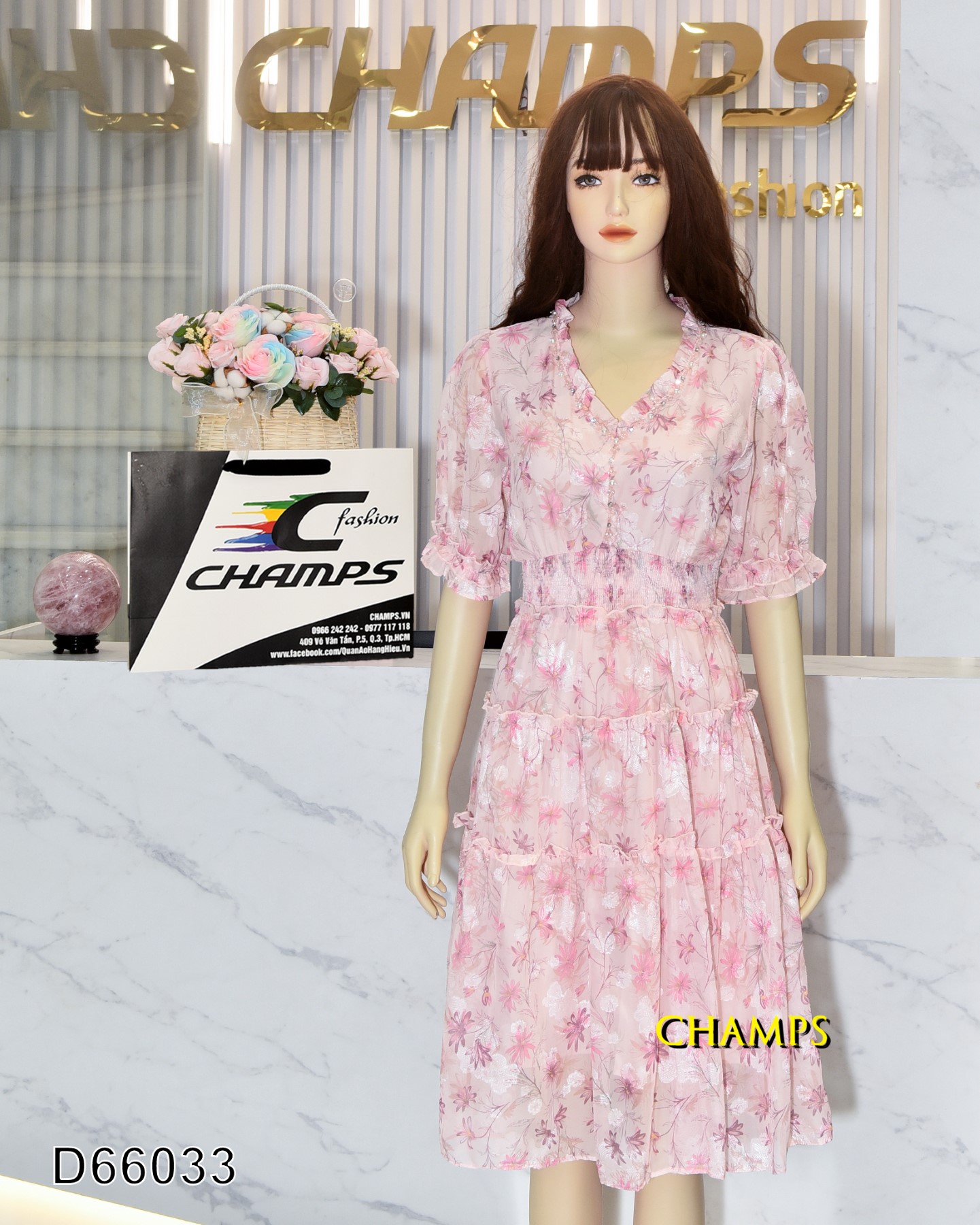 ĐẦM LUẠ HỒNG CỔ HẠT BẸT 66033