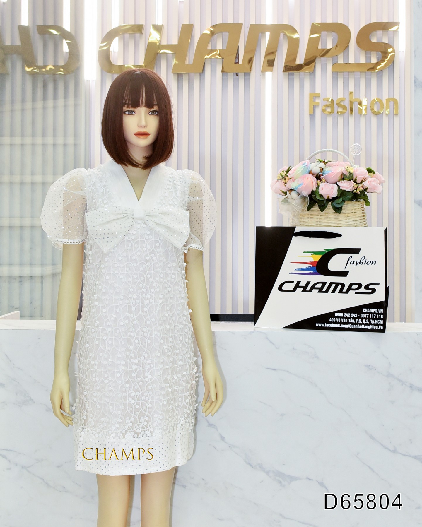 ĐẦM SUÔN REN KIM SA NƠ TRẮNG 65804