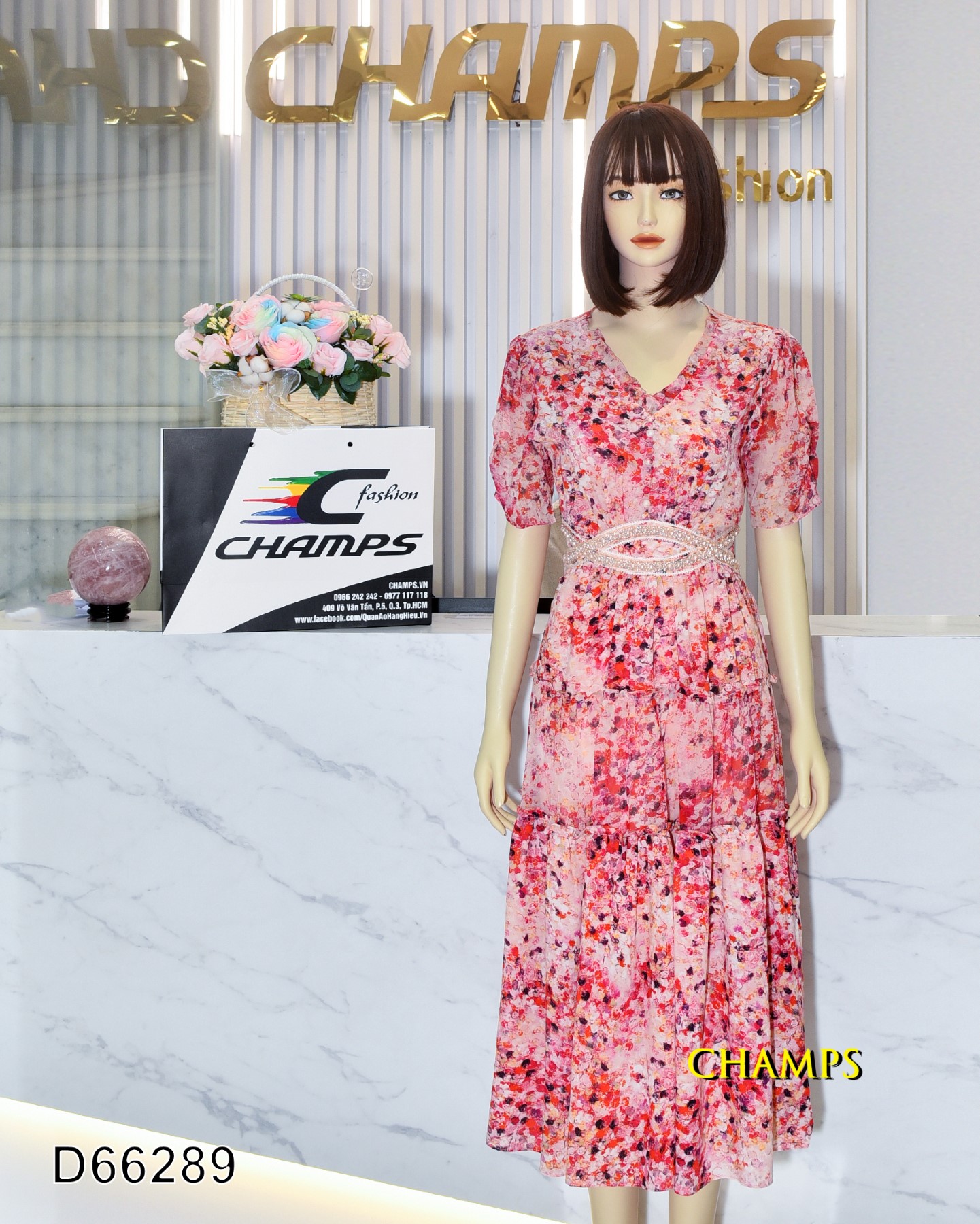 ĐẦM LỤA HỒNG CƯỜM EO 66289