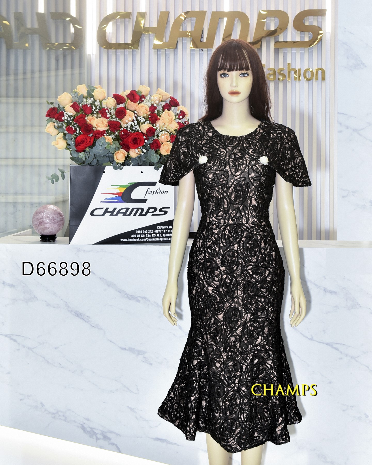 ĐẦM REN NỔI ĐUÔI CÁ ĐEN DÀI 66898