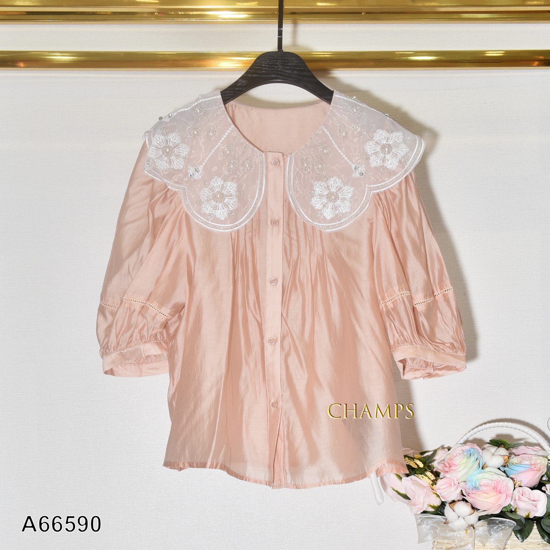 ÁO TƠ HỒNG CỔ HẠT BẸT 66590