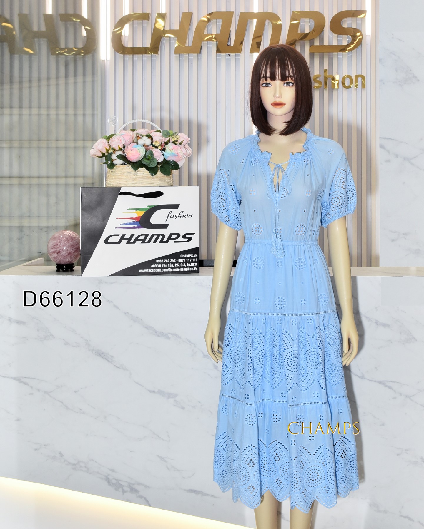 ĐẦM XÔ XANH REN LỖ THUN EO 66128