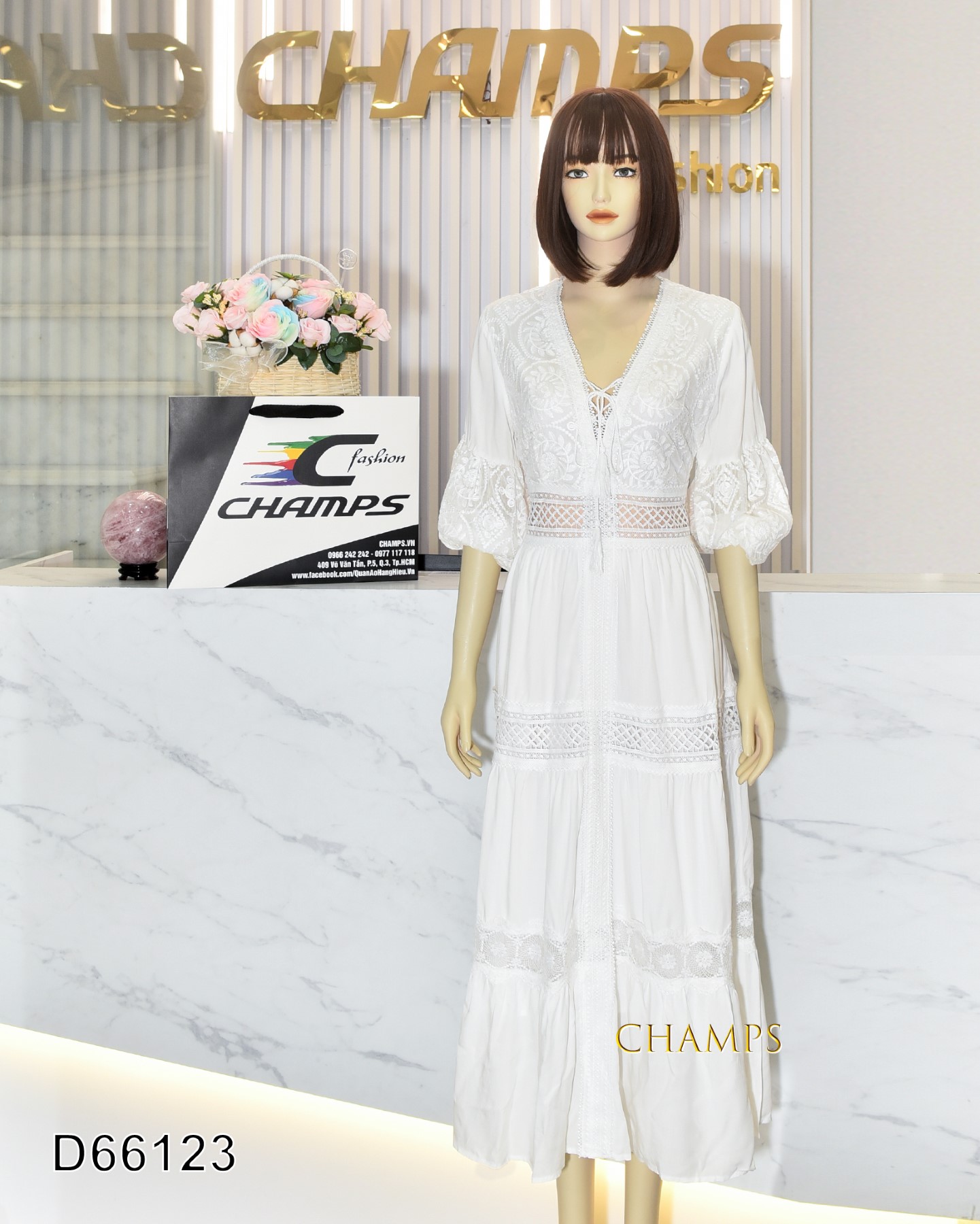 ĐẦM REN TRẮNG DÀI THÊU 66123