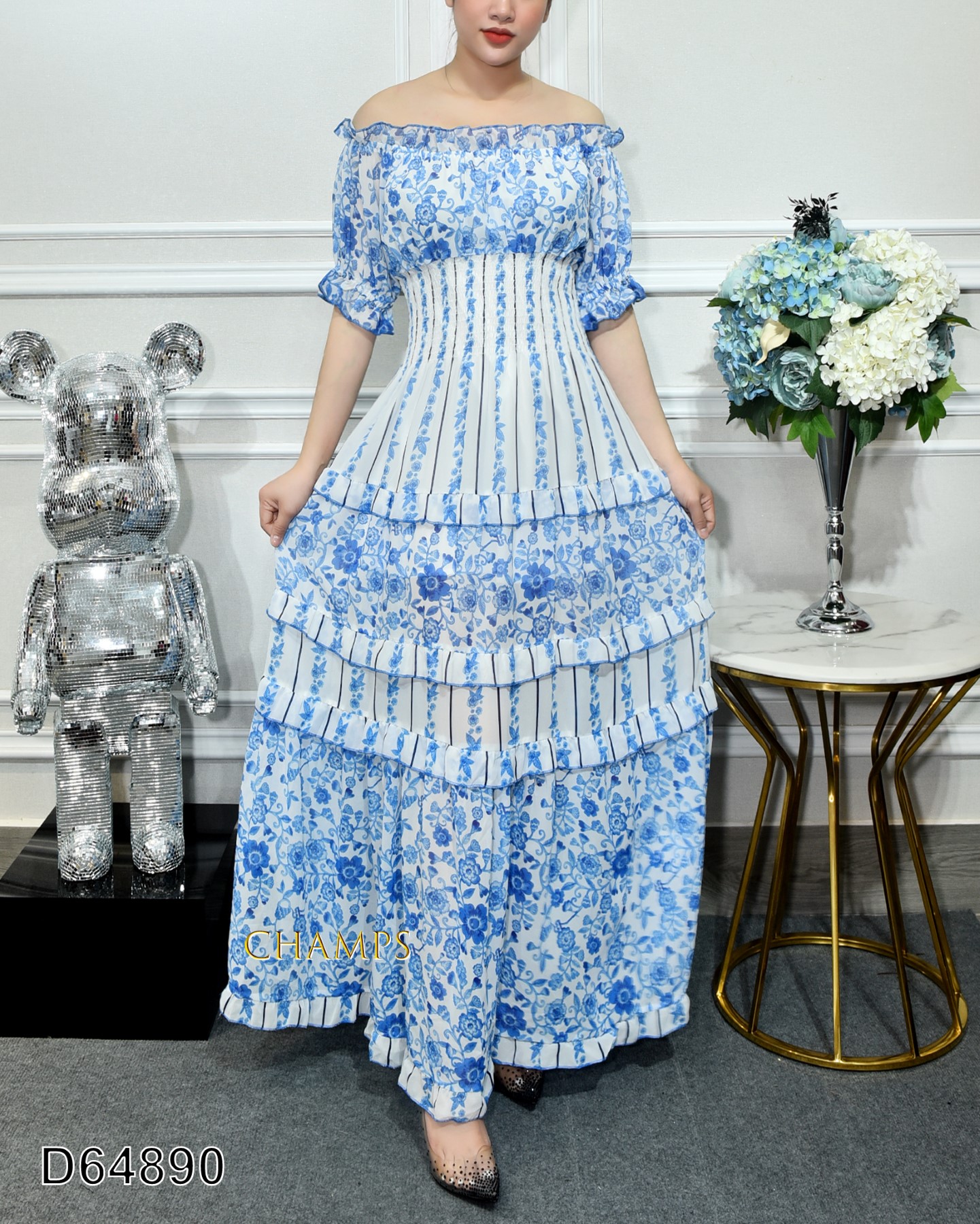 ĐẦM LỤA XANH HOA VĂN DÀI 64890