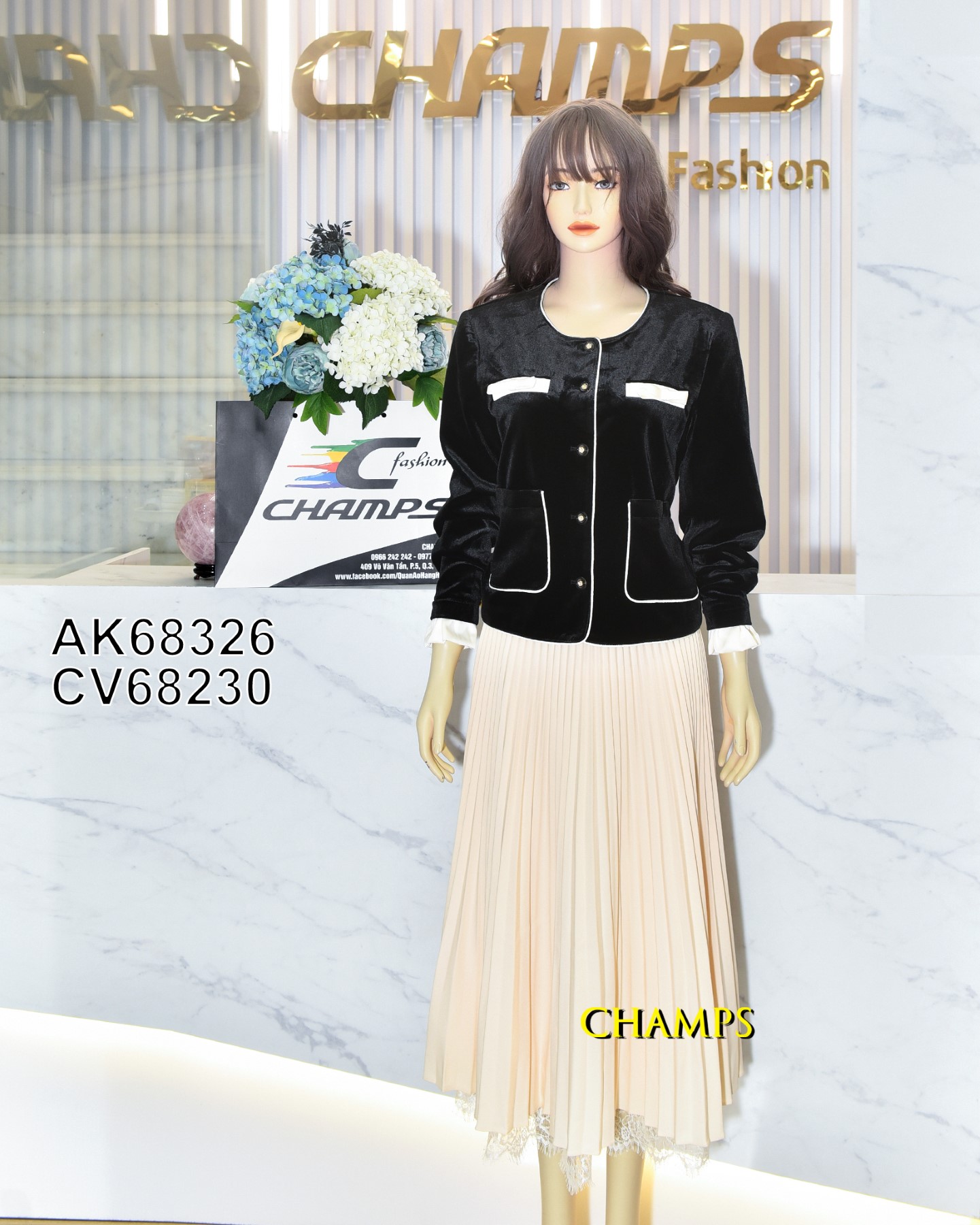 CHÂN VÁY XẾP LY KEM DIOR NHÚNG 68230