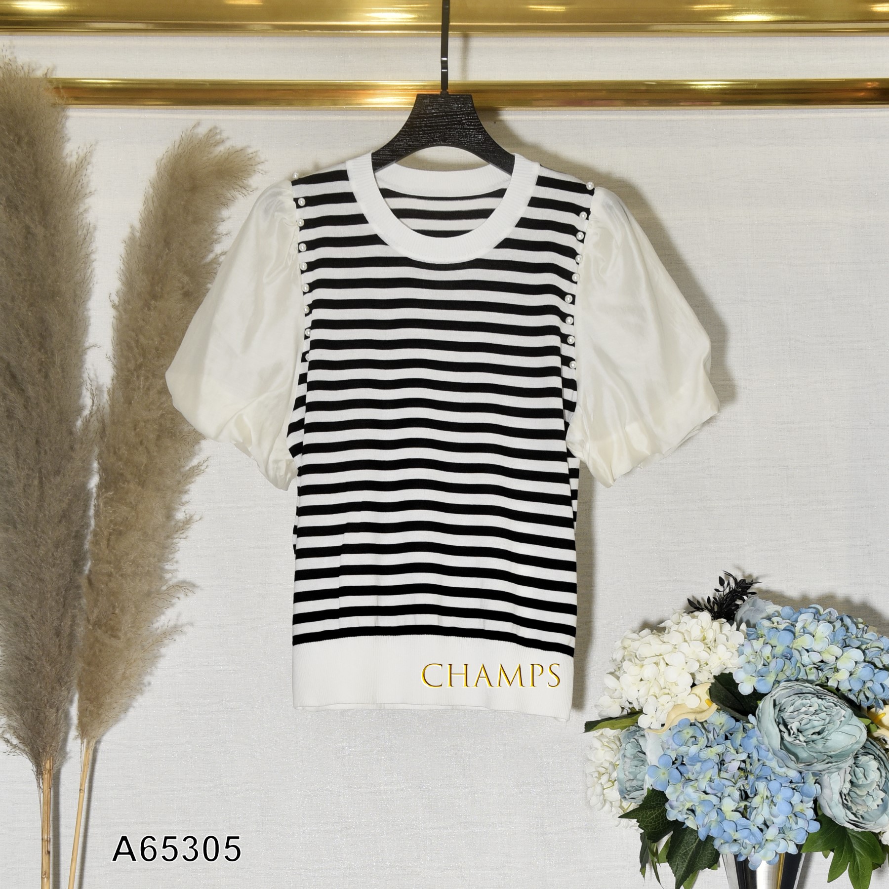 ÁO LEN KẺ ĐEN HẠT BẸT TAY TRẮNG 65305