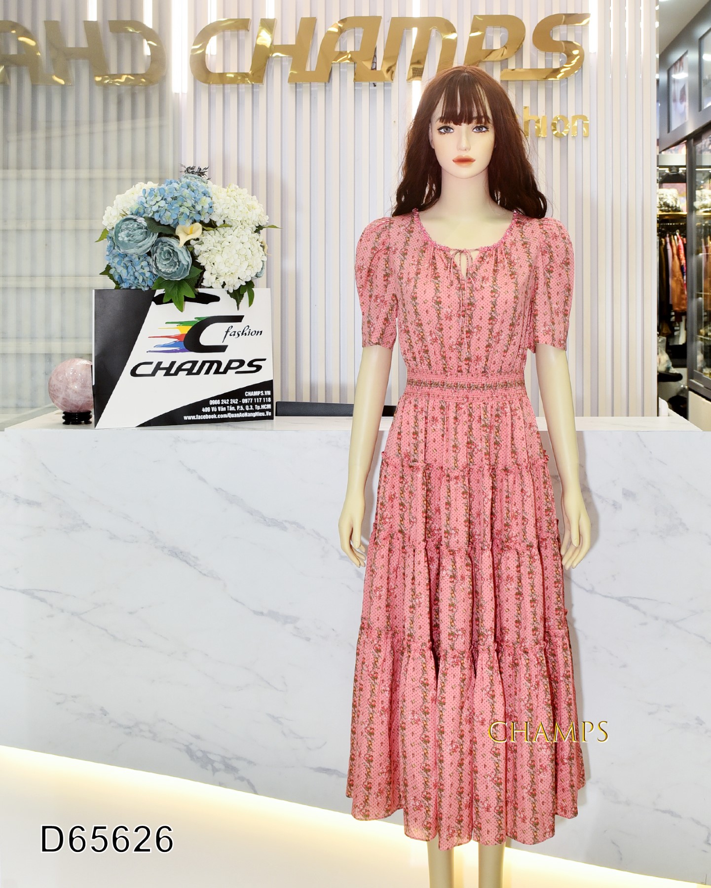 ĐẦM LỤA HỒNG HOA NHÍ DÀI CỔ HẠT BẸT 65626