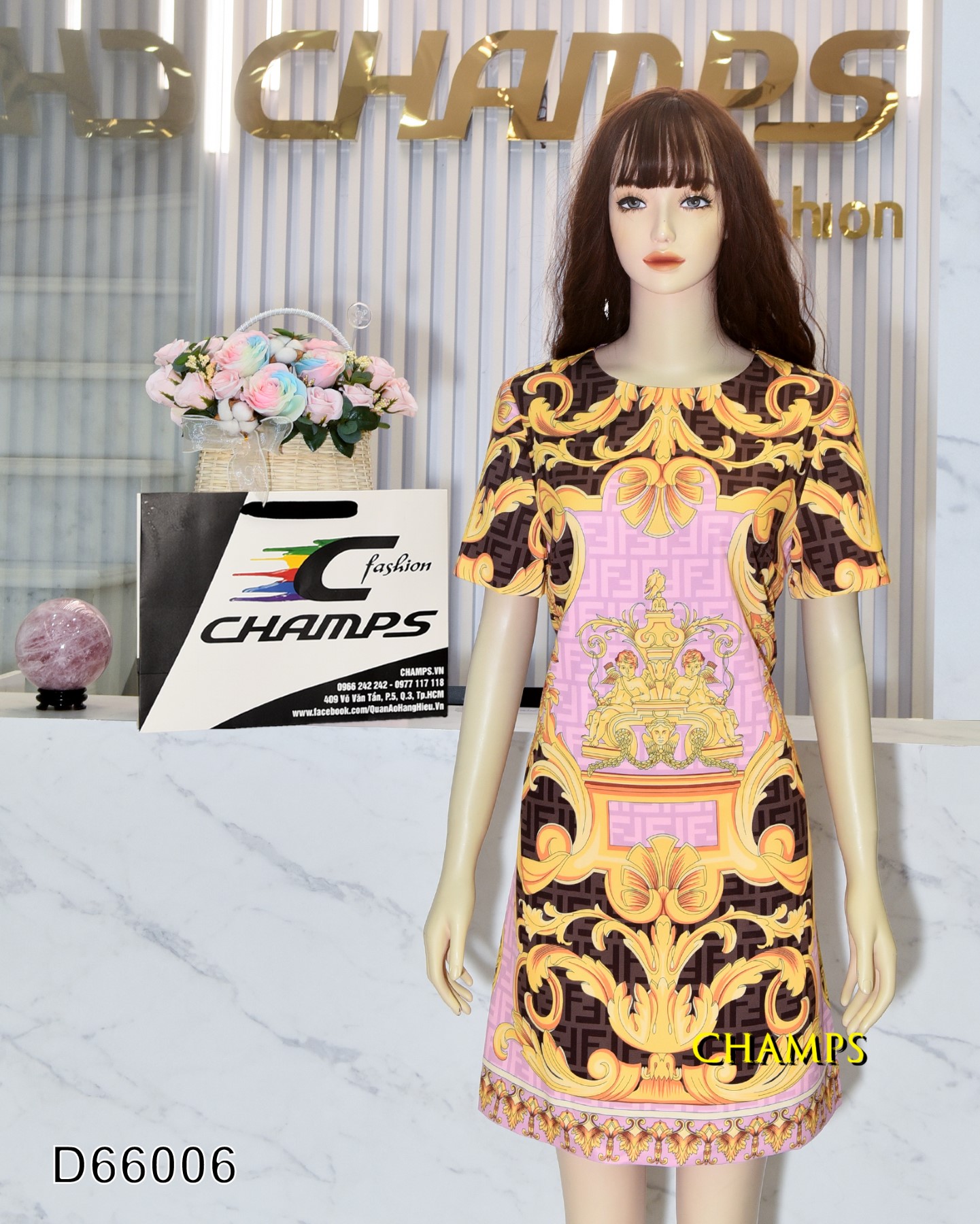 ĐẦM SUÔN HOA VĂN NÂU HỒNG VESACRE 66006