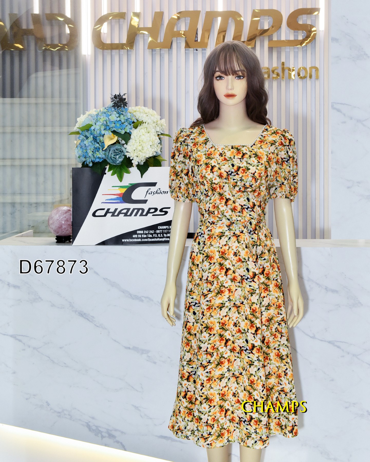 ĐẦM LỤA HOA VÀNG CỔ HẠT BẸT +DN 67873