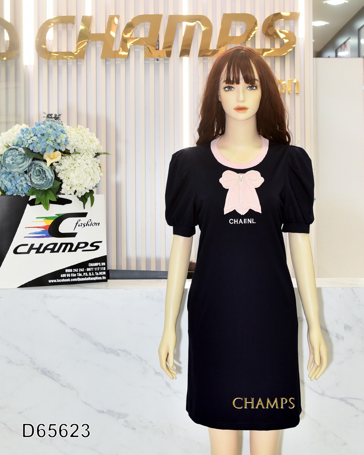 ĐẦM THUN XANH ĐEN NƠ 65623