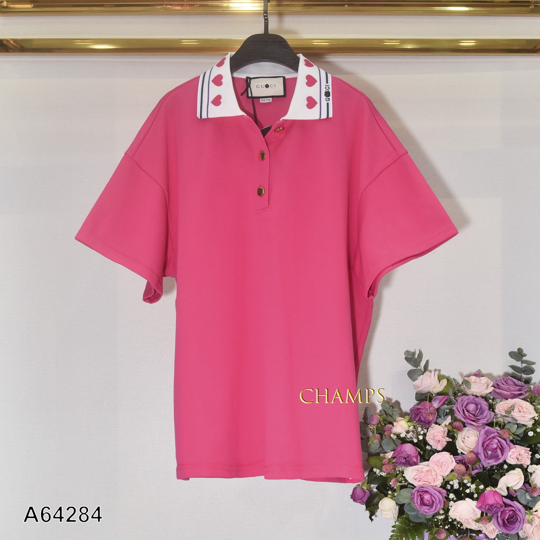 ÁO THUN HỒNG GUCCI CỔ TIM 64284