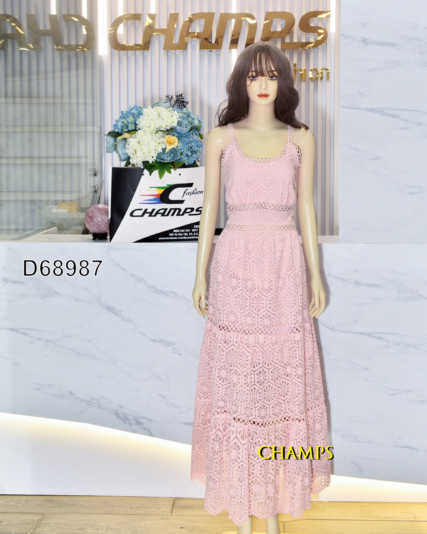 ĐẦM HỒNG REN 2 DÂY DÀI 68987