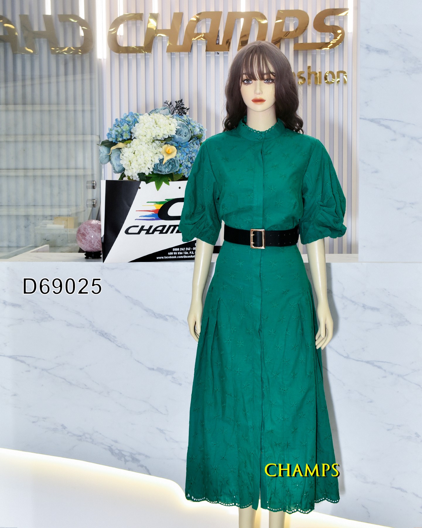 ĐẦM XANH LÁ DÀI TAY BỒNG +DN 69025
