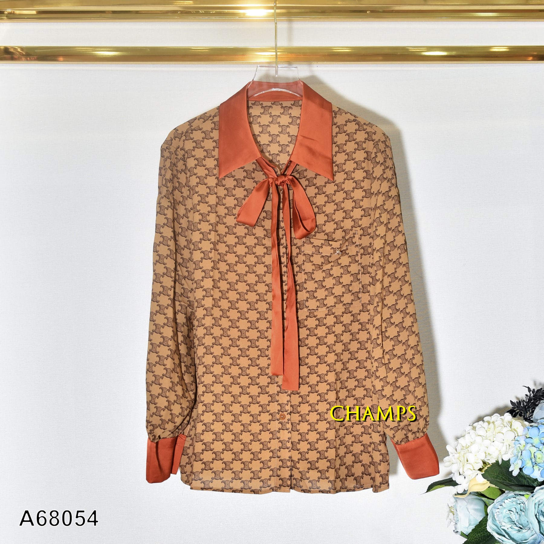 ÁO LỤA SƠ MI NÂU CỔ CAM +DAY 68054