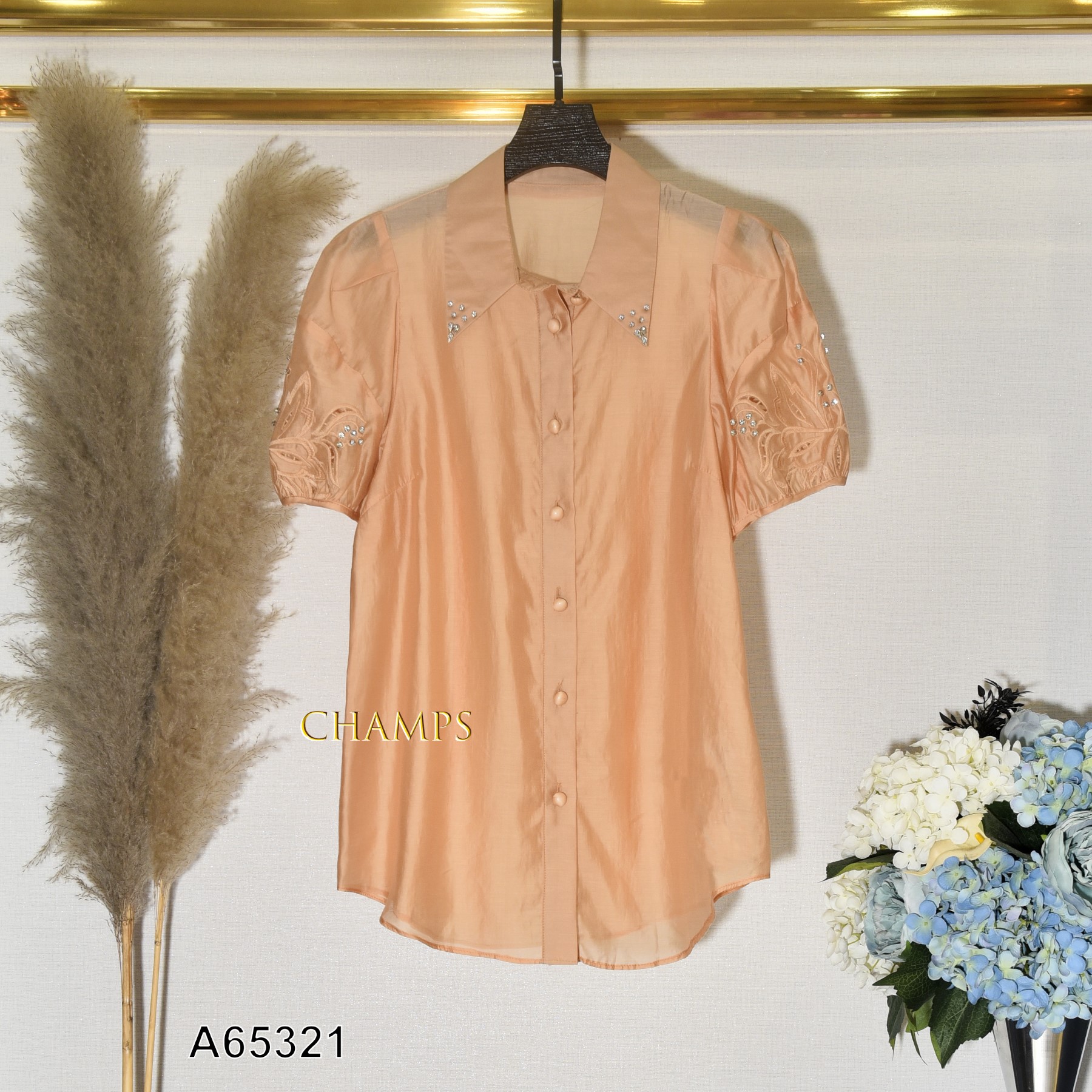 ÁO SƠ MI TƠ CAM TAY THÊU 65321