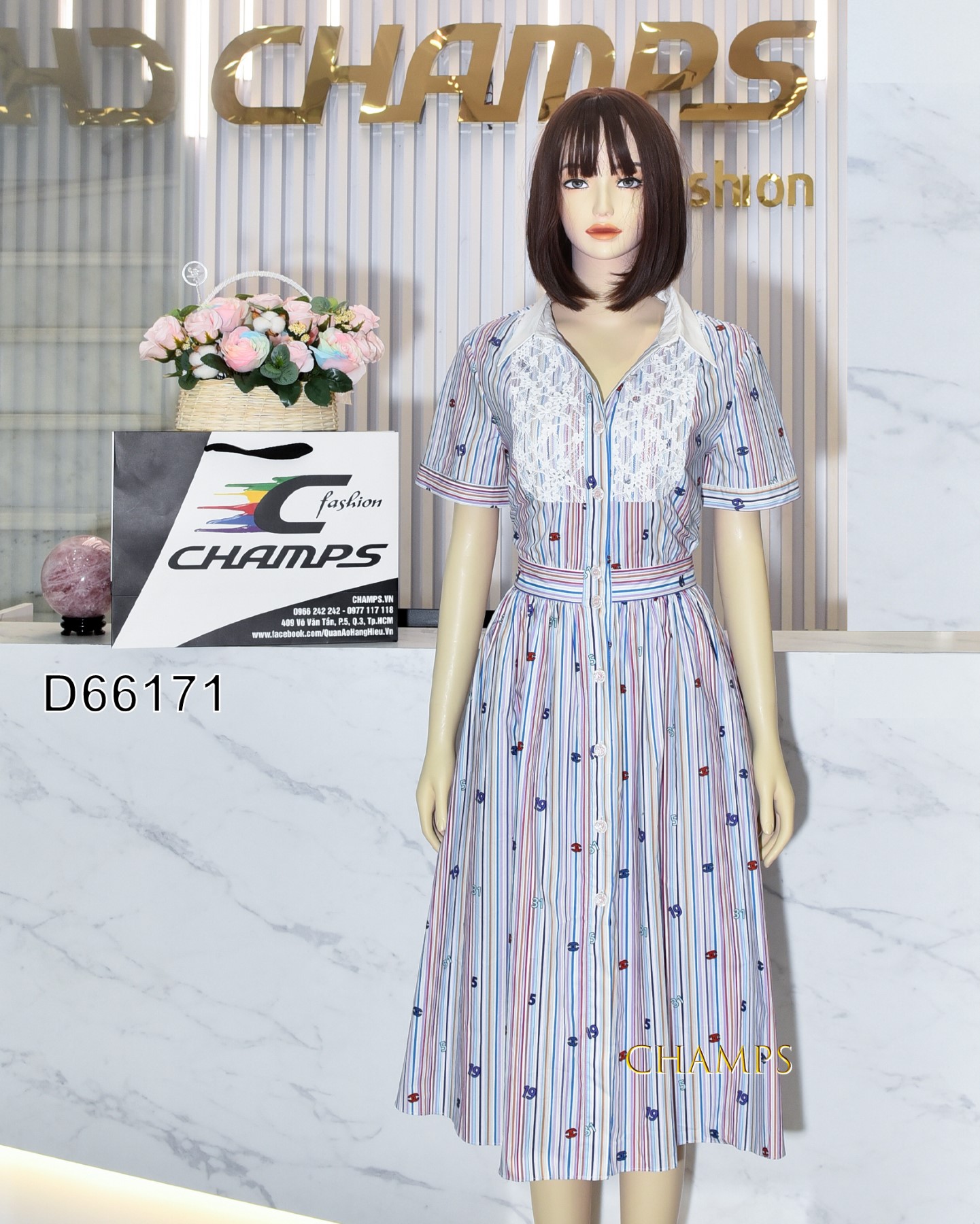 ĐẦM XÔ KẺ CHANEL PHỐI REN 66171