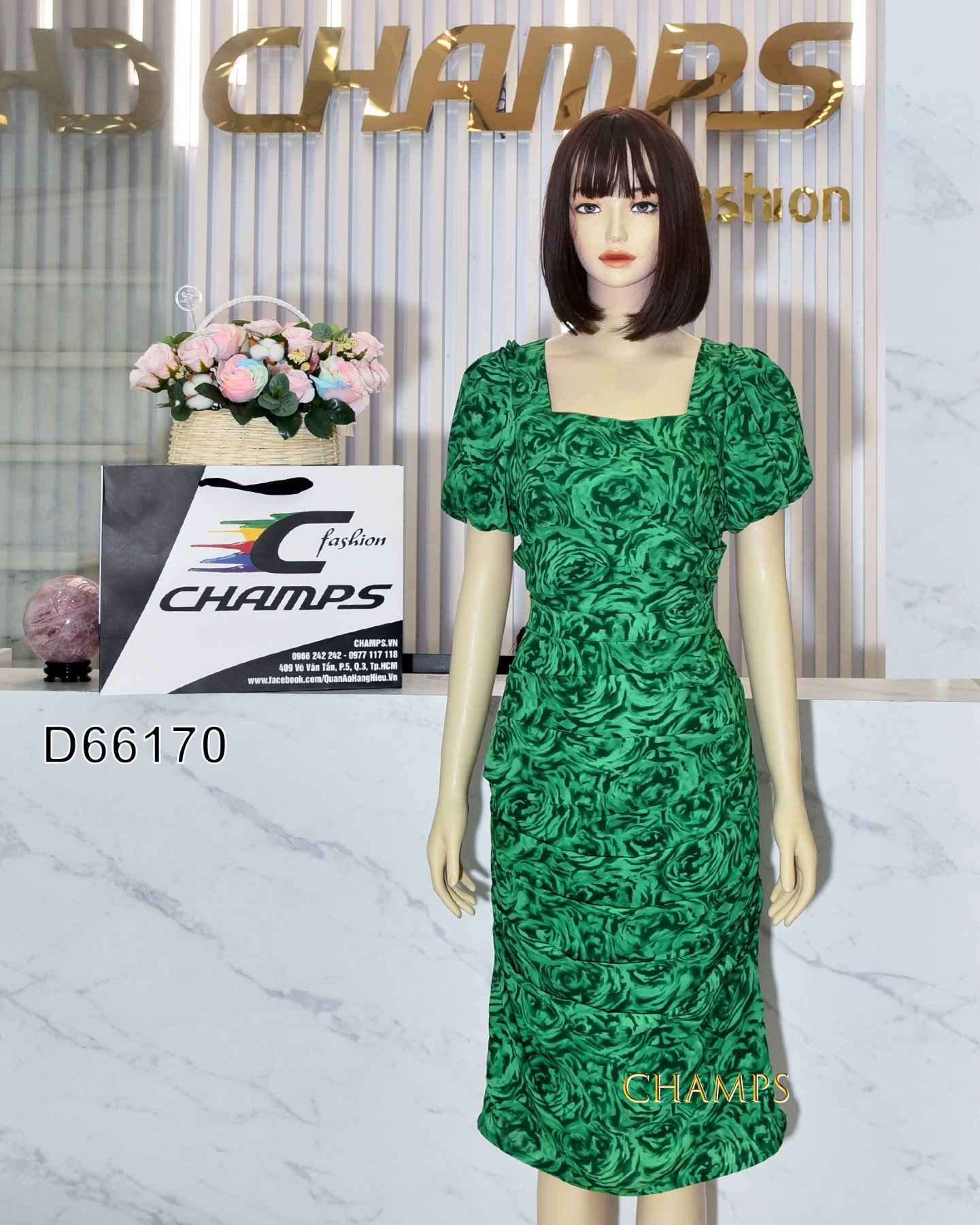 ĐẦM LỤA RÚT EO HOA XANH 66170